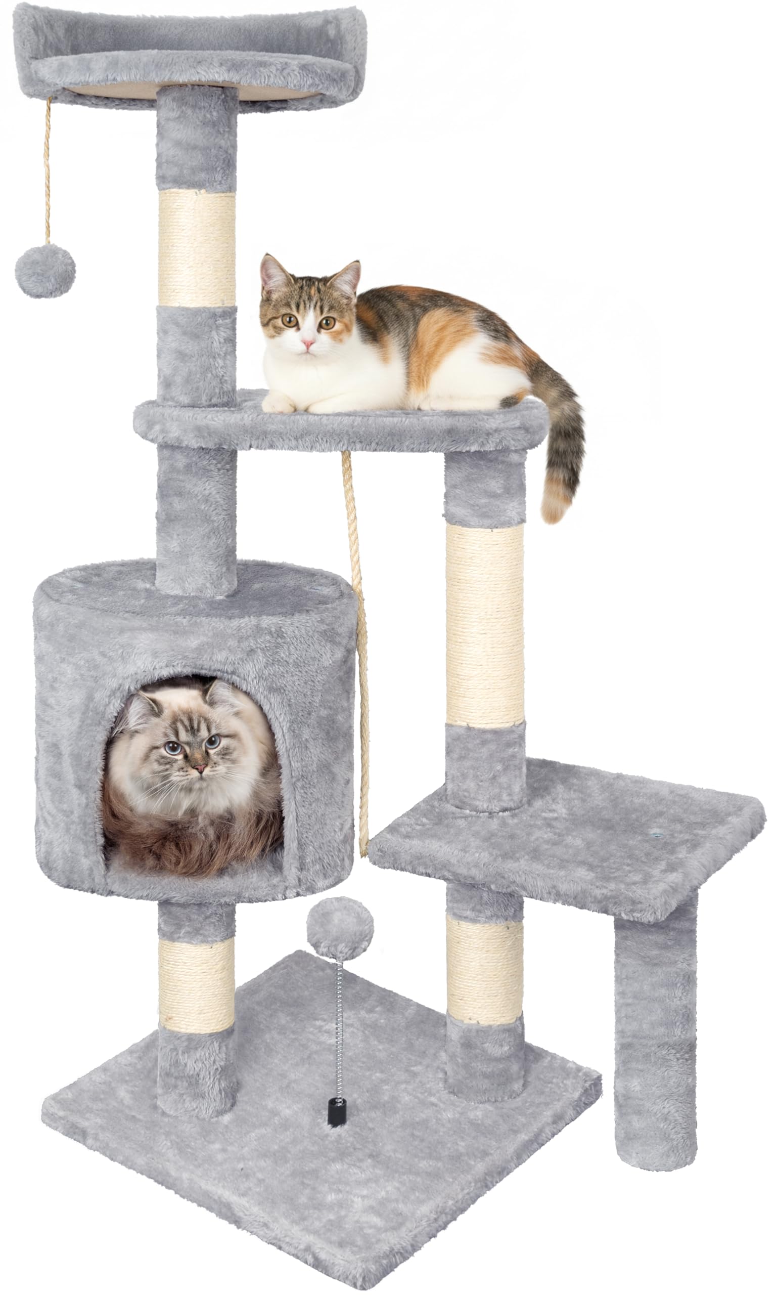 Tiragraffi per Gatti,112cm Multifunzionale Alberi Tiragraffi Stabile con 4 Pali in Sisal,3 Piattaforme e 1 Cuscino per Albero Gatti Ideale per Gioco e Relax-Grigio