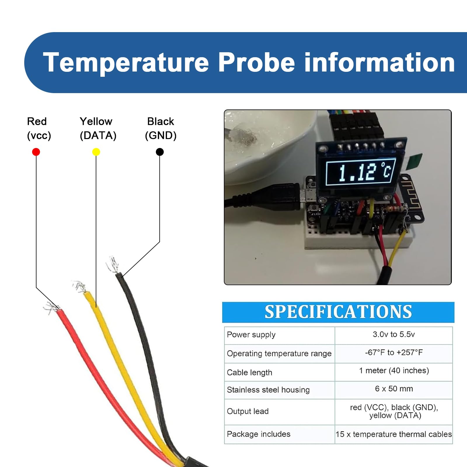 Produktbild von Binghe 6x Temperatursensor DS18B20 Mit 6 M Kabel – Wasserdichte Edelstahlsonde, -55 Bis +125 °C, Für Arduino, Raspberry Pi & Co.