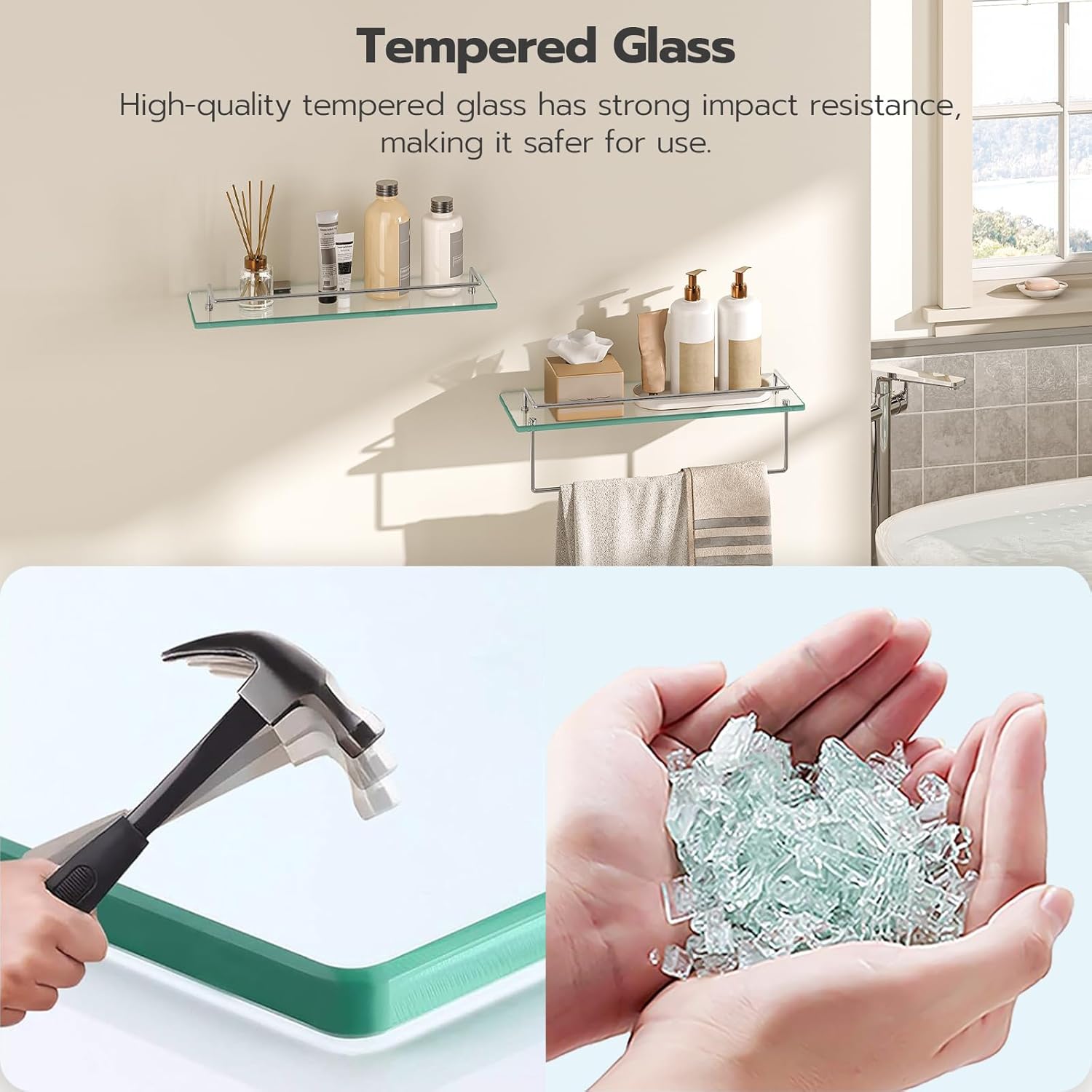 HOOBRO Glass Shelves for Bathroom, 15.7 Inch Floating Glass Shelf for Wall, Set of 2 Tempered Stainless Steel Wall Mounted Stand for Toilet, Room Decor, Silver SV02BJ01