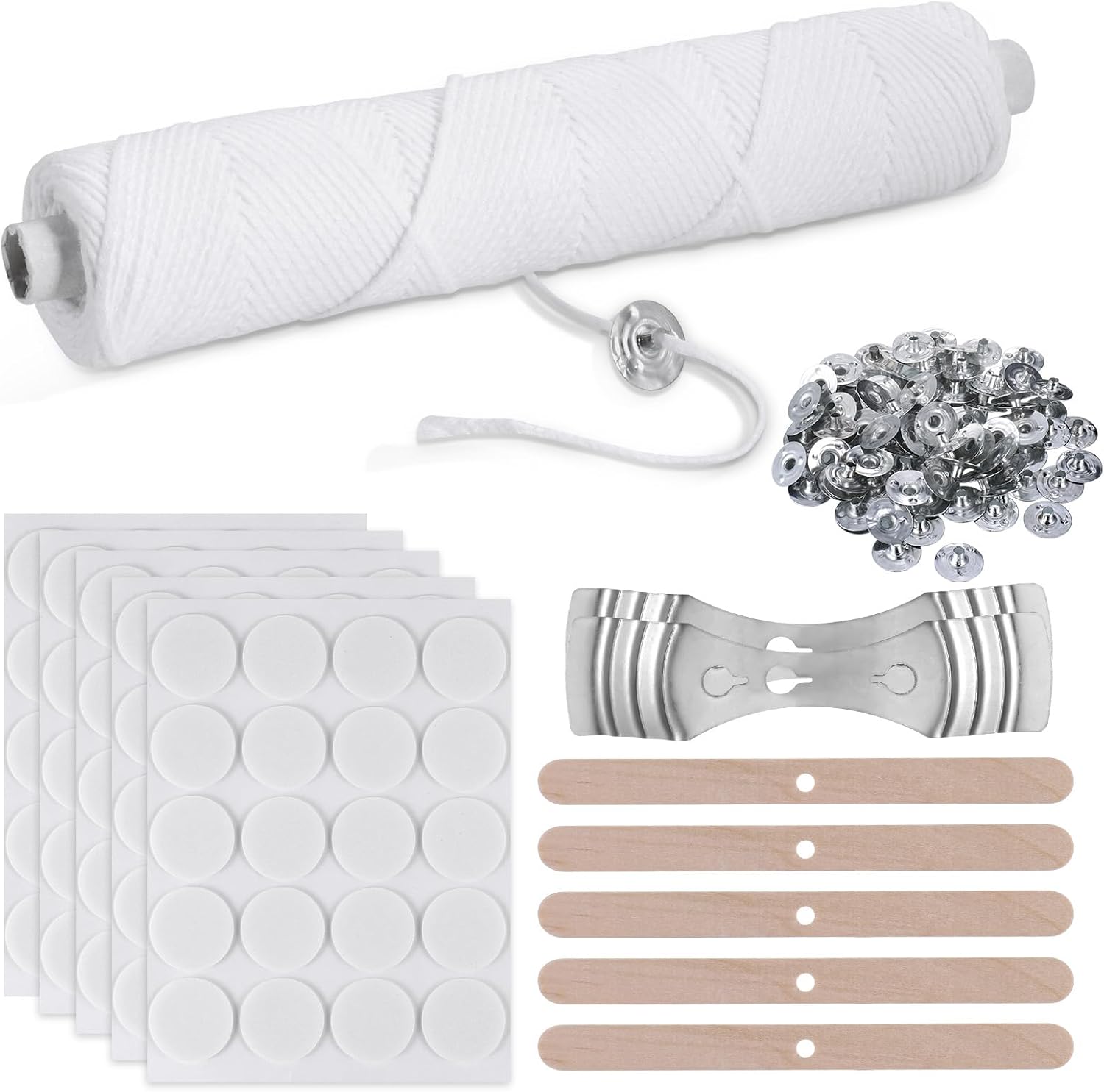 Hejo 208PCS Smokeless Candle Wicks kit, 65M/213Ft Candle Wicks with 100pcs Wick Bases&100PCS