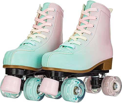 Miniatura 8 de YYW Patines de ruedas para niñas y mujeres, fantásticos patines de piel sintética rosa y verde degradado para niños y jóvenes, patines para