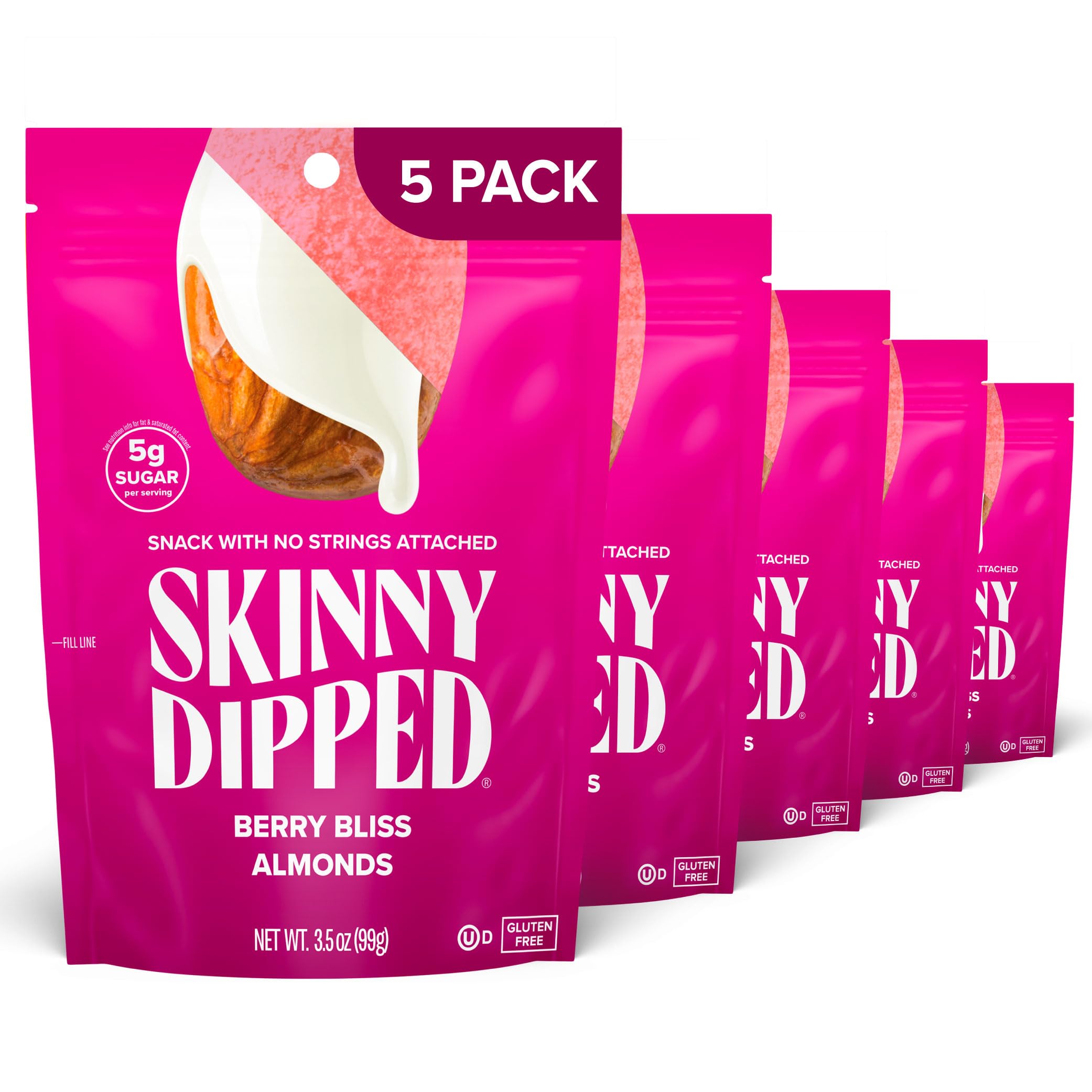SkinnyDipped Berry Bliss Yogurt Covered Almonds, Healthy Snack, Plant Protein, Gluten Free, 3.5oz Resealable Bag, Pack of 5