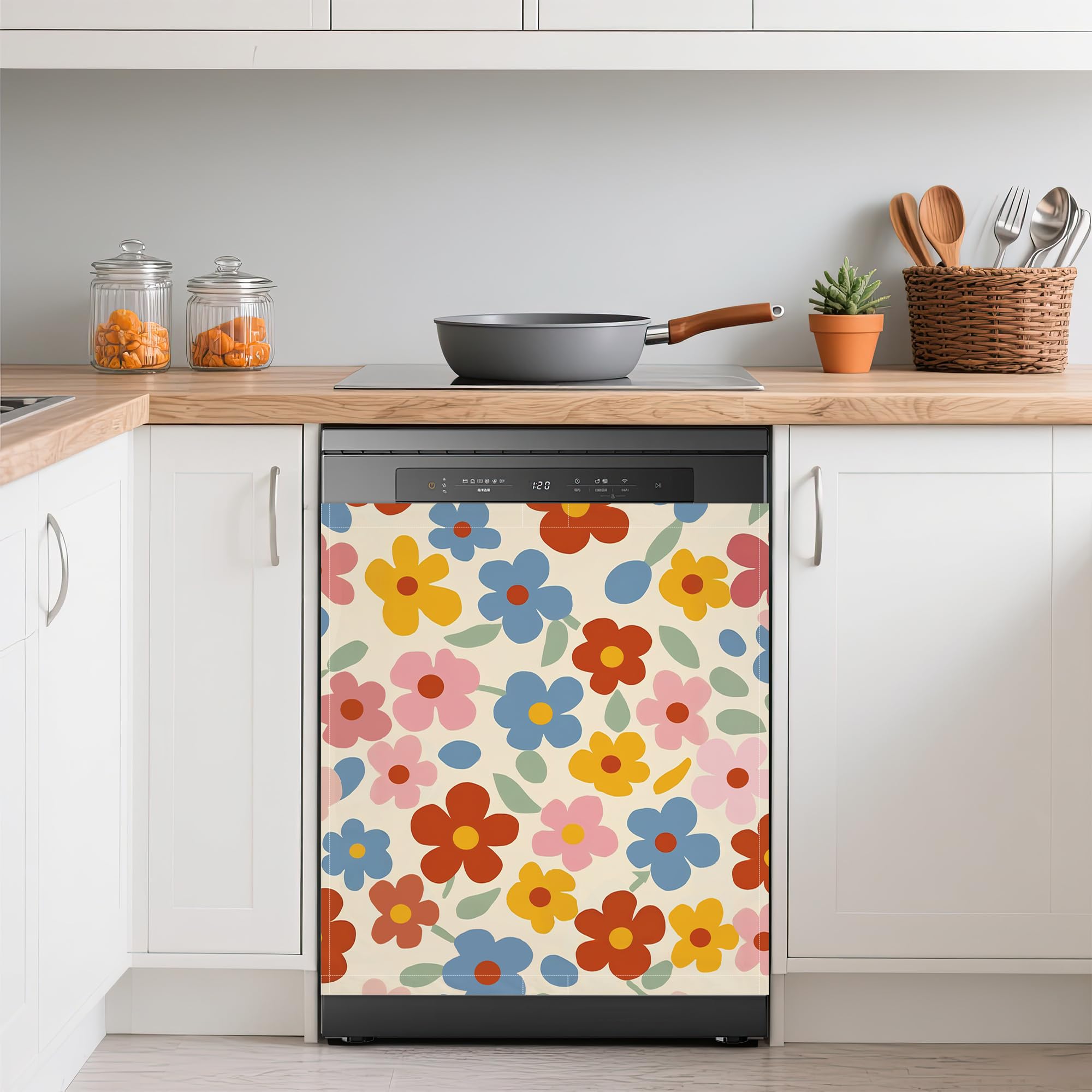 70s Groovy Flowers Dishwasher Magnets Decorative Cover,Retro Floral Waterproof Magnetic Dishwasher Cover Panel,Refrigerator Magnet Cover for Kitchen Home Decor 23x26 Inch