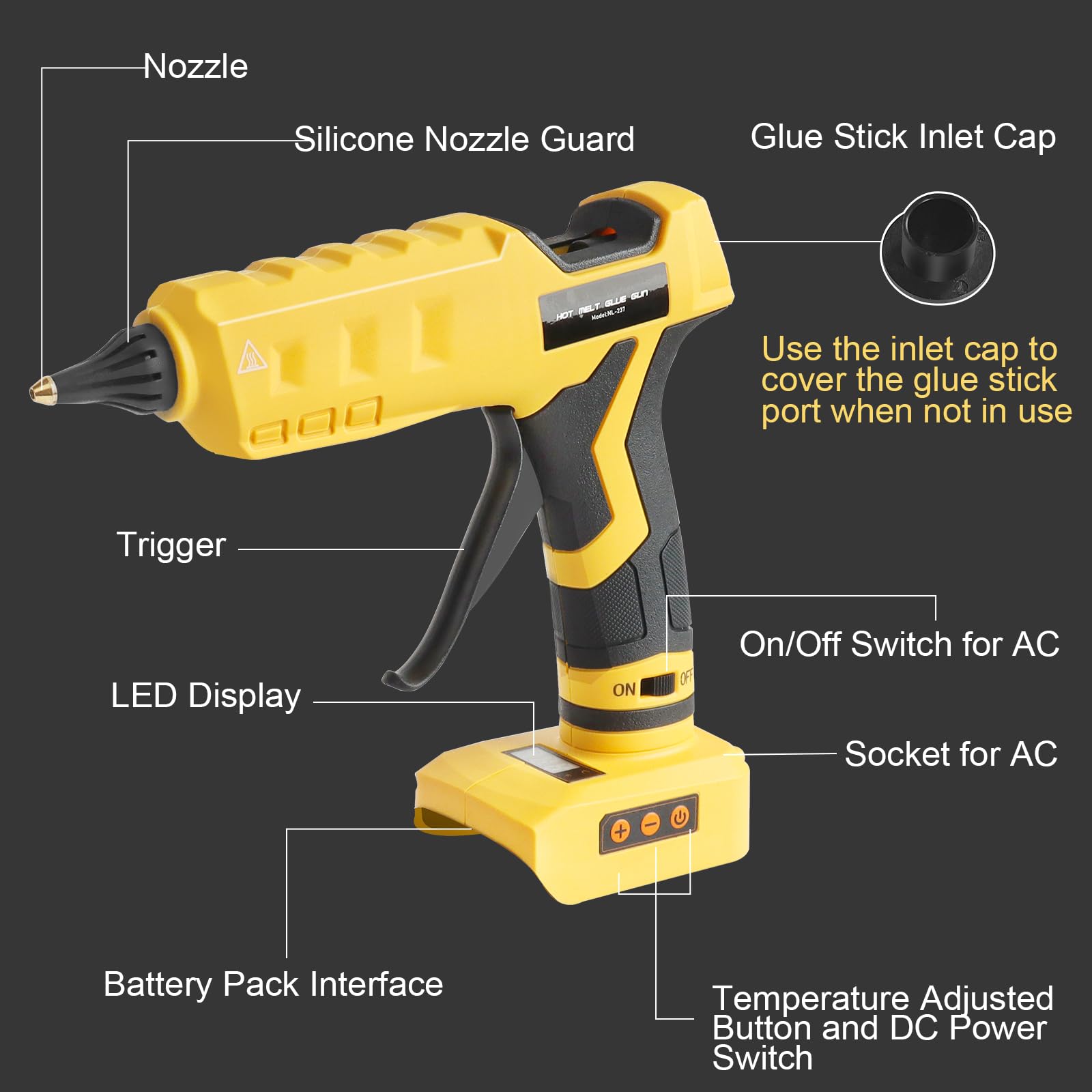 Pistolet à colle chaude 2 en 1 sans fil et filaire, compatible avec batterie Dewalt 20 V, température numérique réglable, taille complète avec 10 bâtons de colle