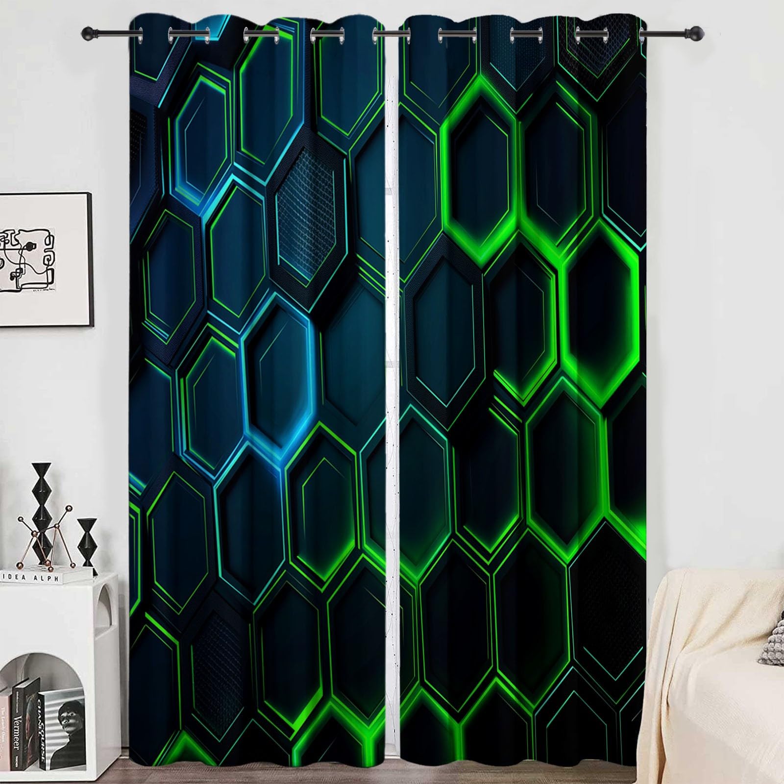 CozyRest Thermal Blackout Curtains - Neon Green And Blue Hexagons Eyelet Window Drapes for Living Room, Kids Room, Bedroom, 2 Panels, 92 x 90 in Honeycomb Curtains