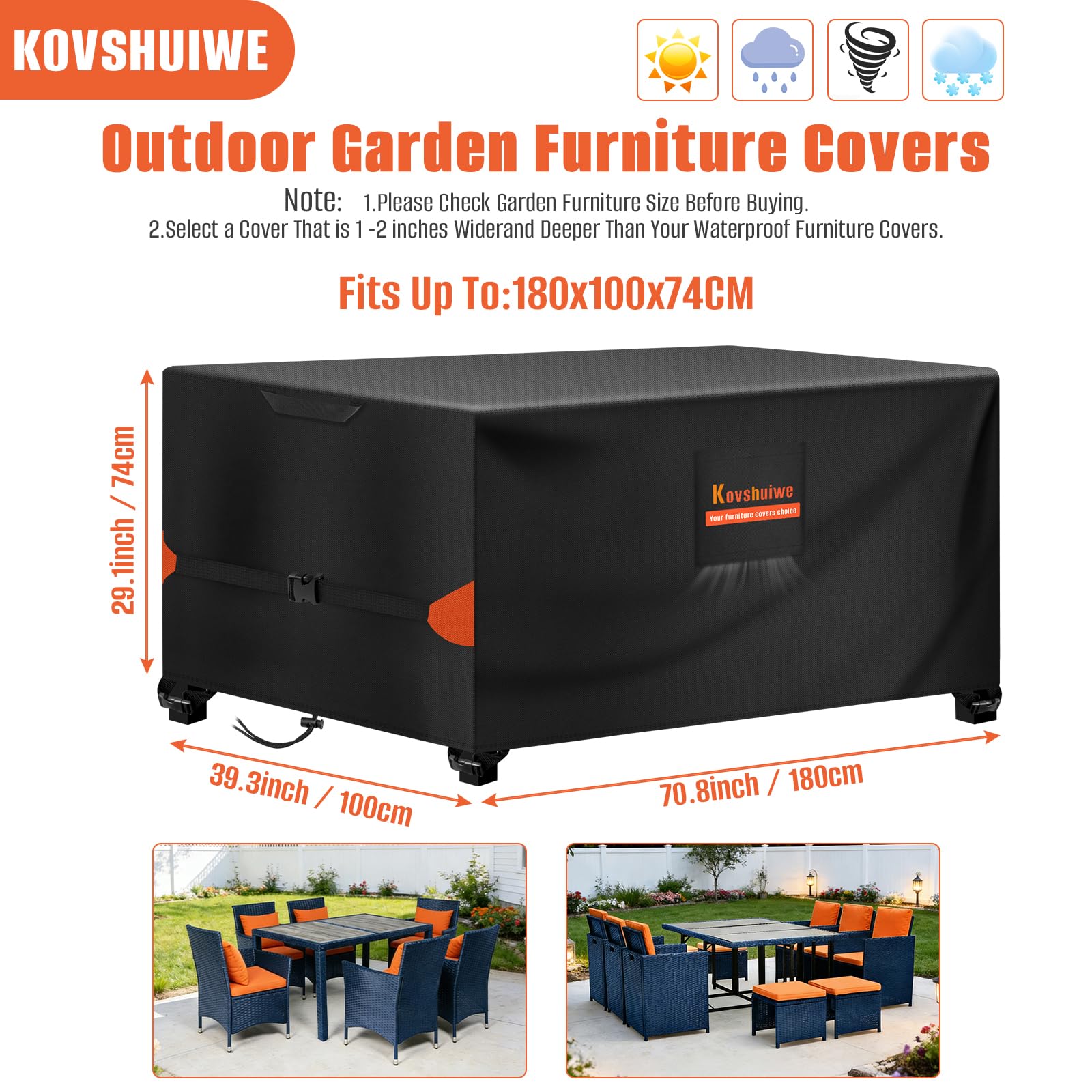 Kovshuiwe Pokrowiec na meble ogrodowe, 180 x 100 x 74 cm, wodoszczelny, wiatroszczelny, odporny na działanie promieni UV, 420D Heavy Duty, plandeka ochronna na meble ogrodowe, outdoorowe