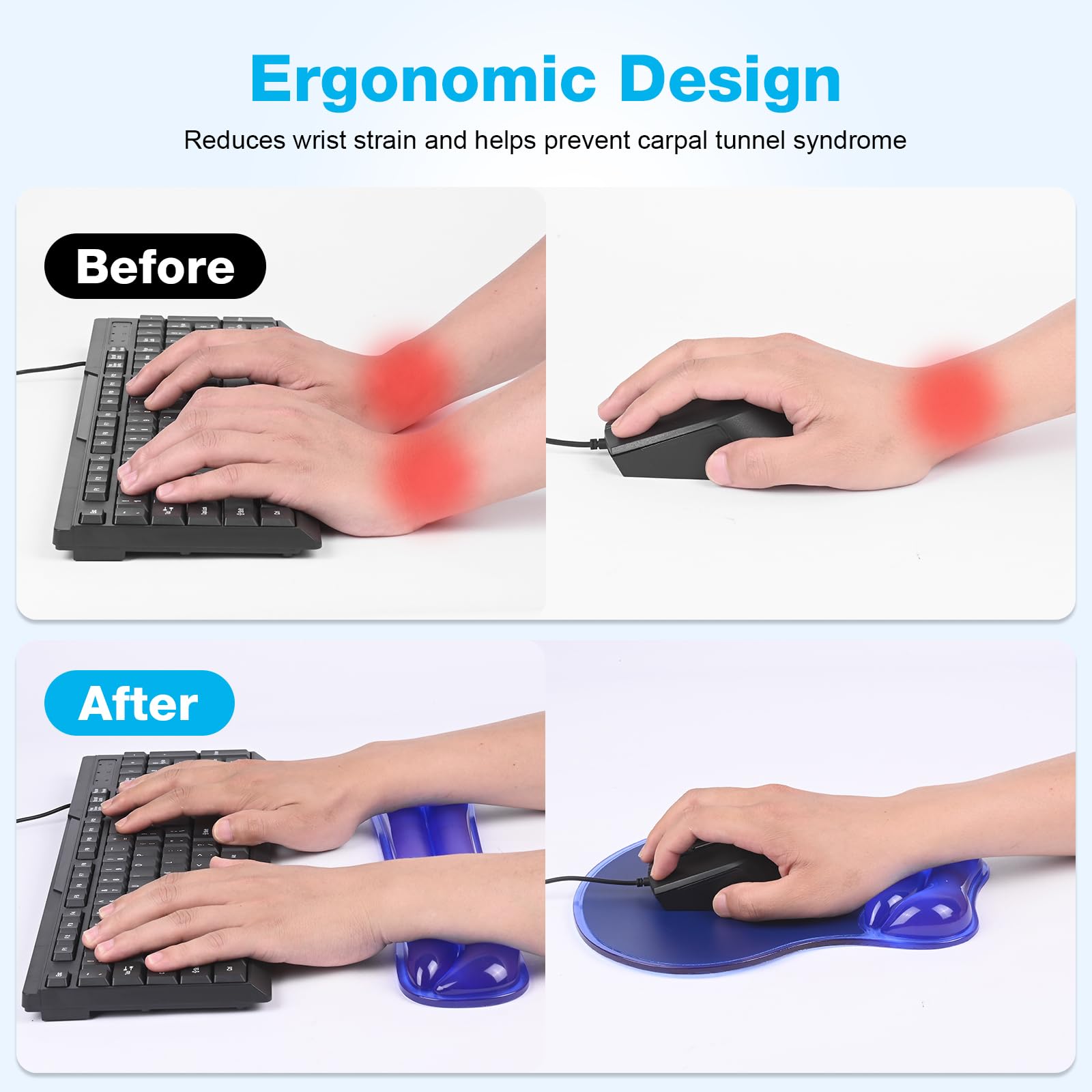 Gel-Mauspad & Tastatur-Handgelenkauflage-Set, ergonomische Tastatur und Mauspad mit Handgelenkstütze, Tastaturen Handgelenkauflage, Computertastaturen Pad, Kühlgel Blau