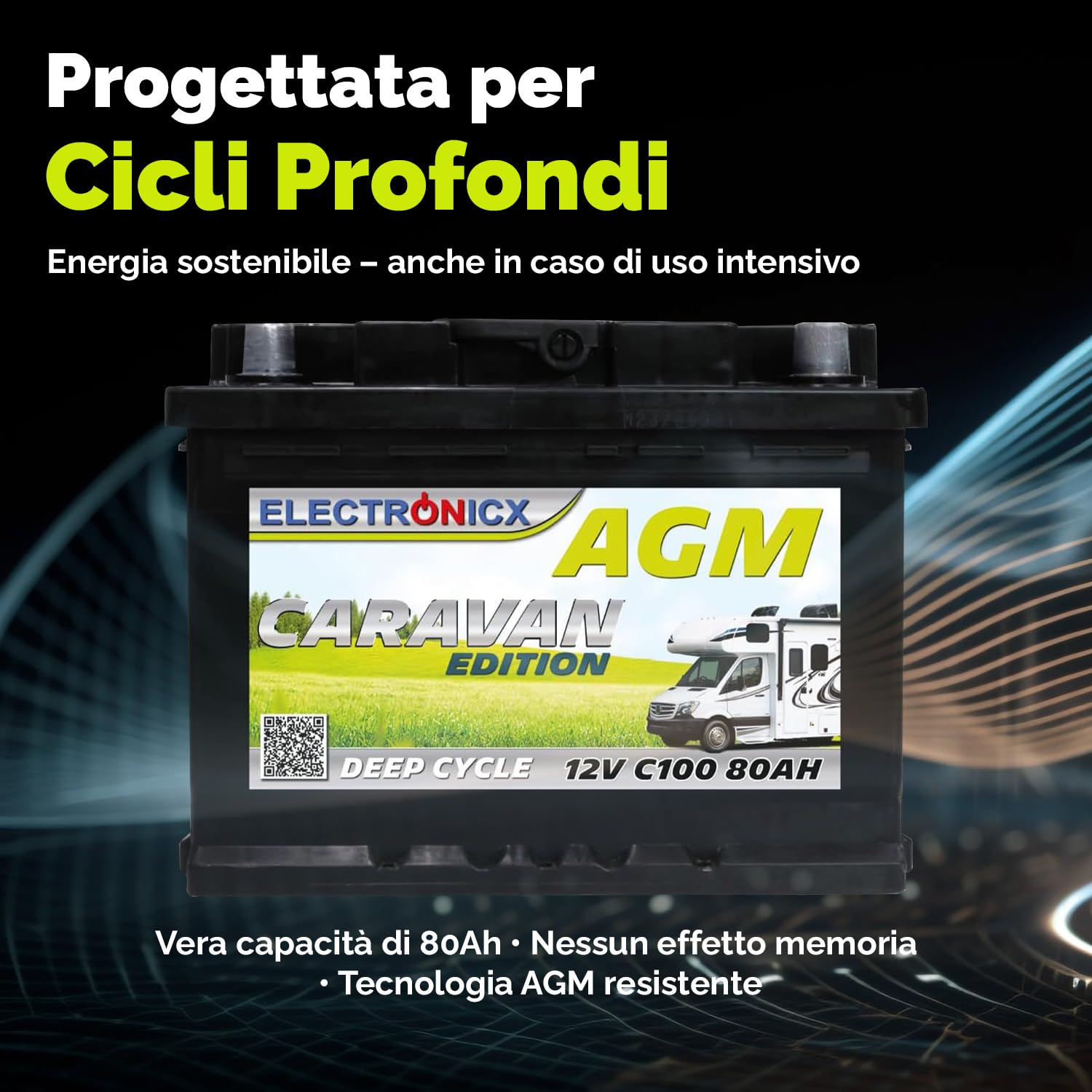 ELECTRONICX Batteria AGM a Scarica Lenta 12V 80Ah C100 Edizione Camper – Sigillata, Senza Manutenzione, Resistente alle Vibrazioni – Per Camper, Barca, Pannelli Solari, Sistemi Autonomi