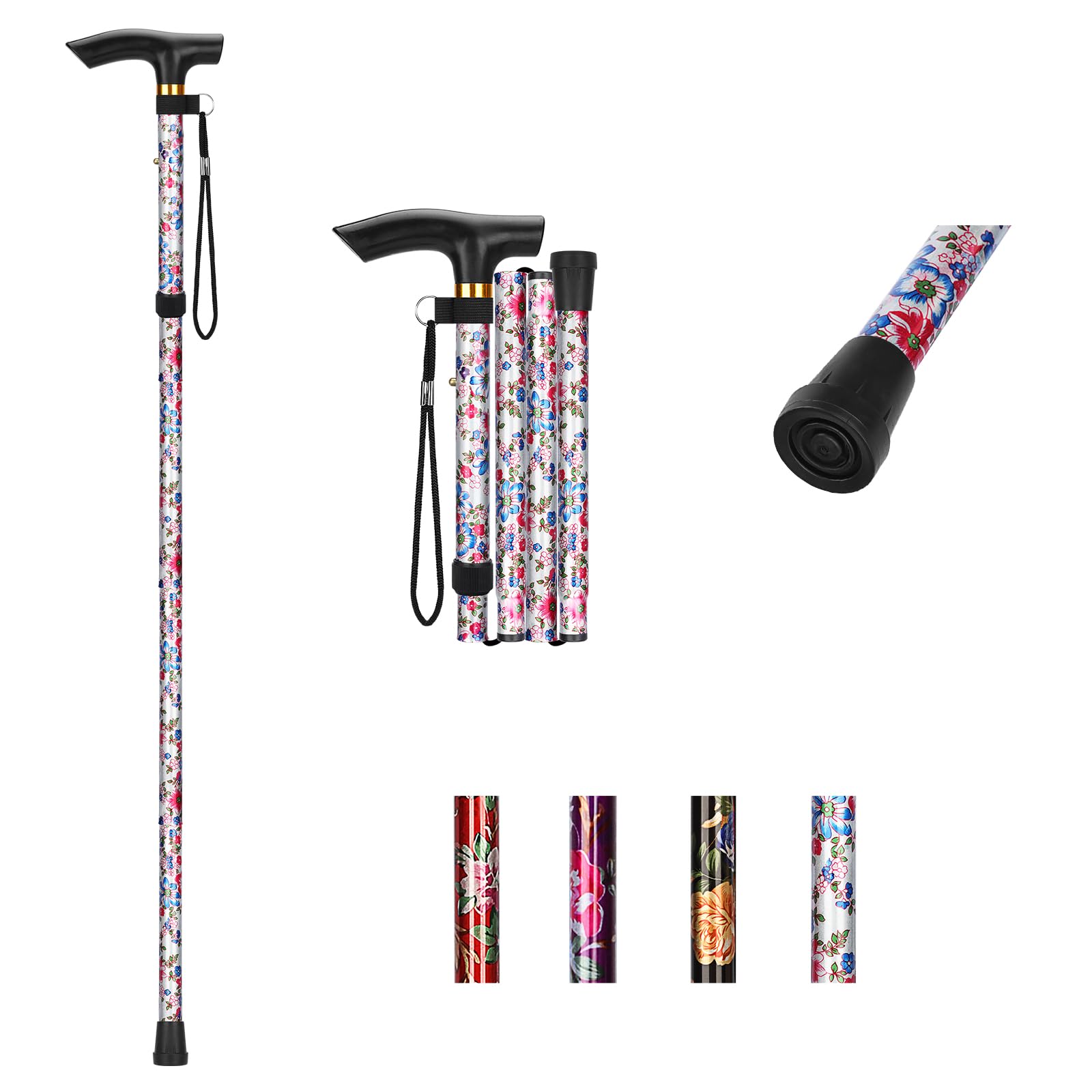 YF Foldable Walking Stick for Women, Adjustable Walking Stick for Women, Lightweight Walking Stick for Travel, Support Stick for Seniors with Hand Strap and T-Handle