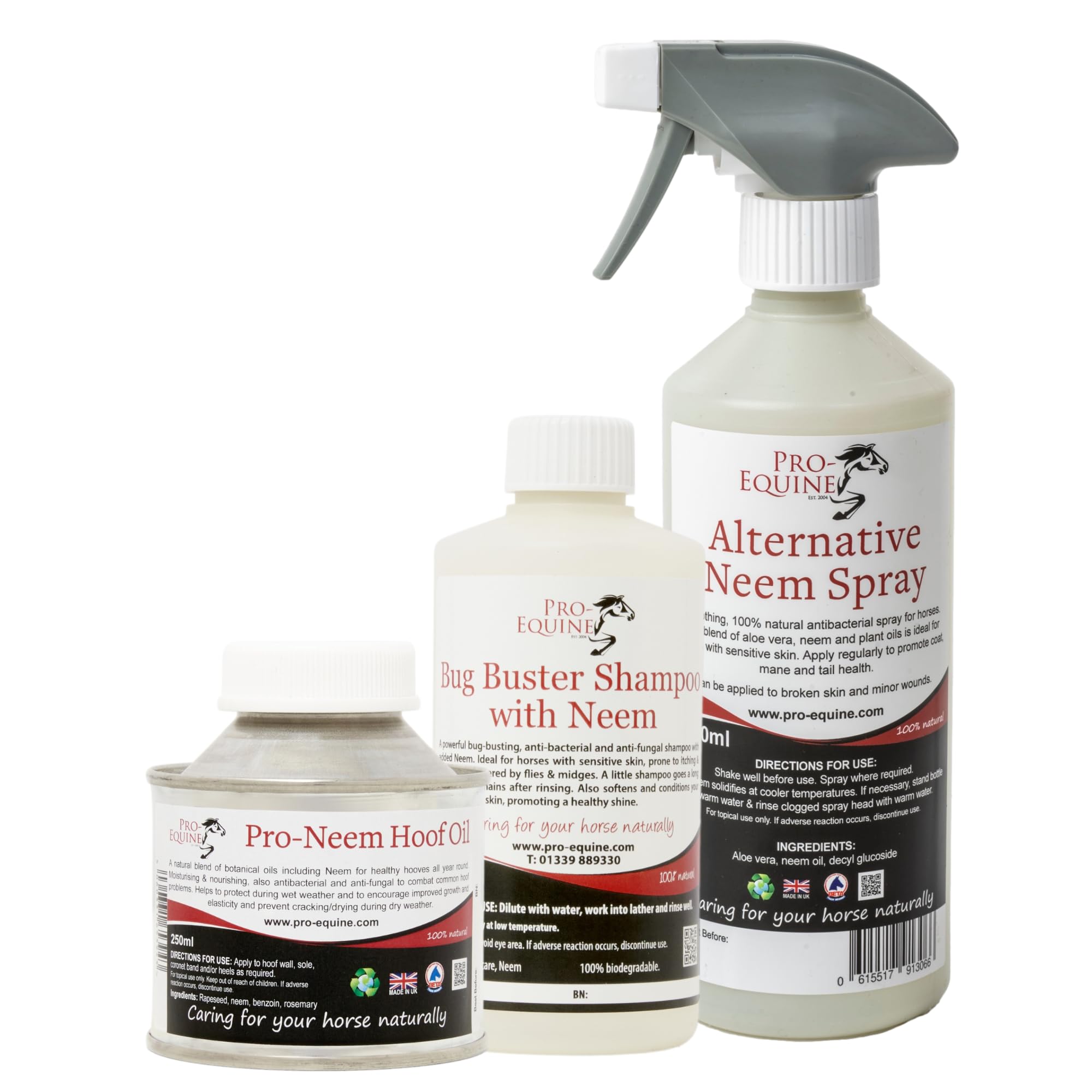Pro-Equine Natural Neem Horse Care Set, Neem Spray 500ml, Neem Shampoo 250ml, Neem Botanical Hoof Oil 250ml, 3-Piece offer. *LIMITED TIME OFFER!*