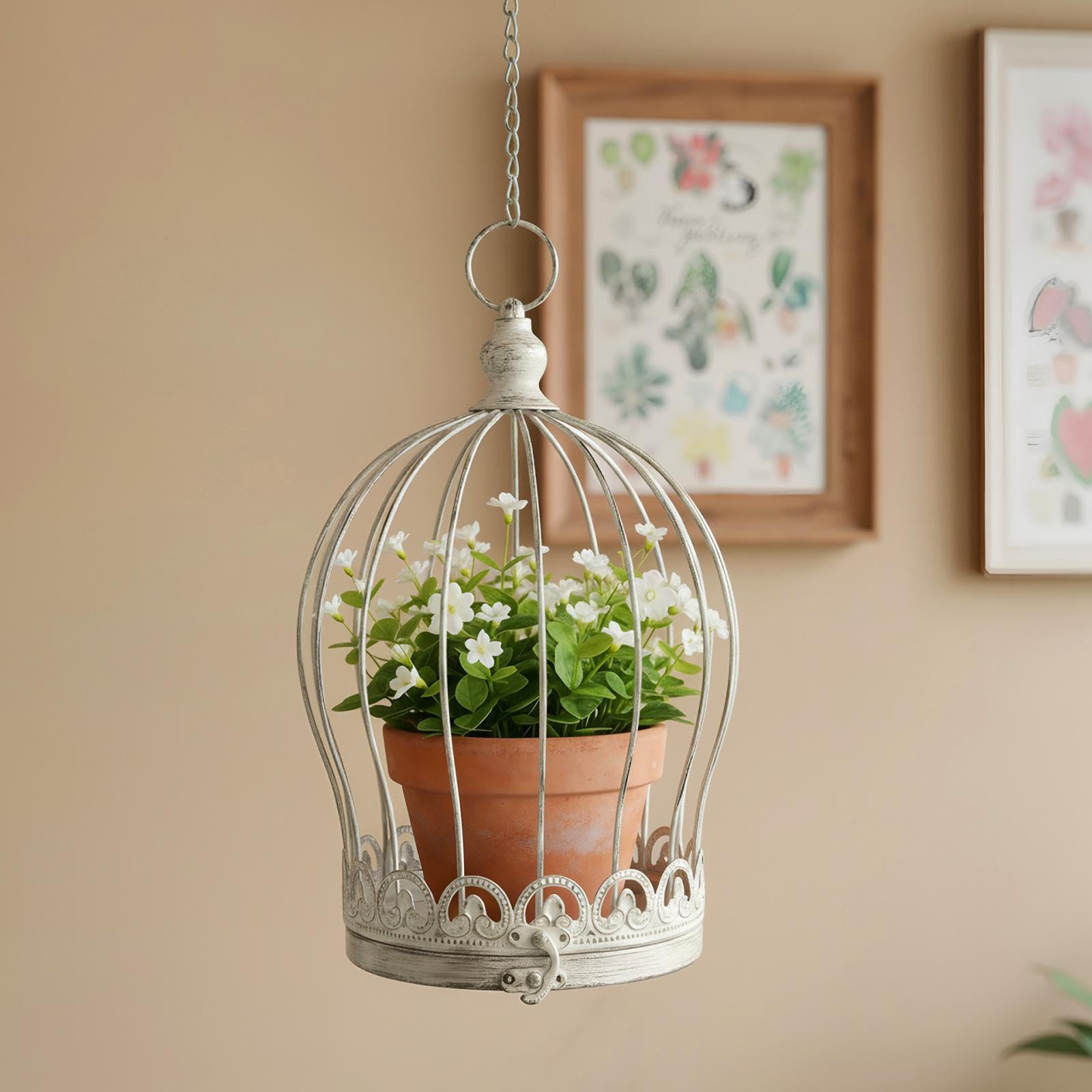 Cestino in Metallo Sospeso, Fioriera Sospesa, Supporto per Fiori a Forma di Gabbia per Uccelli, Portavaso per Balcone, Tavolo, Decorazione per La, Bianco