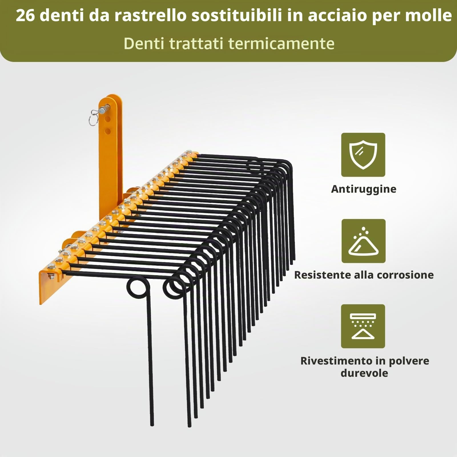 Rastrello trainabile per paglia di pino 152 cm – 26 denti a molla in acciaio resistente verniciato a polvere – Attacco a 3 punti per trattori Cat0/Cat1 – Perfetto per foglie ed erba – Giallo