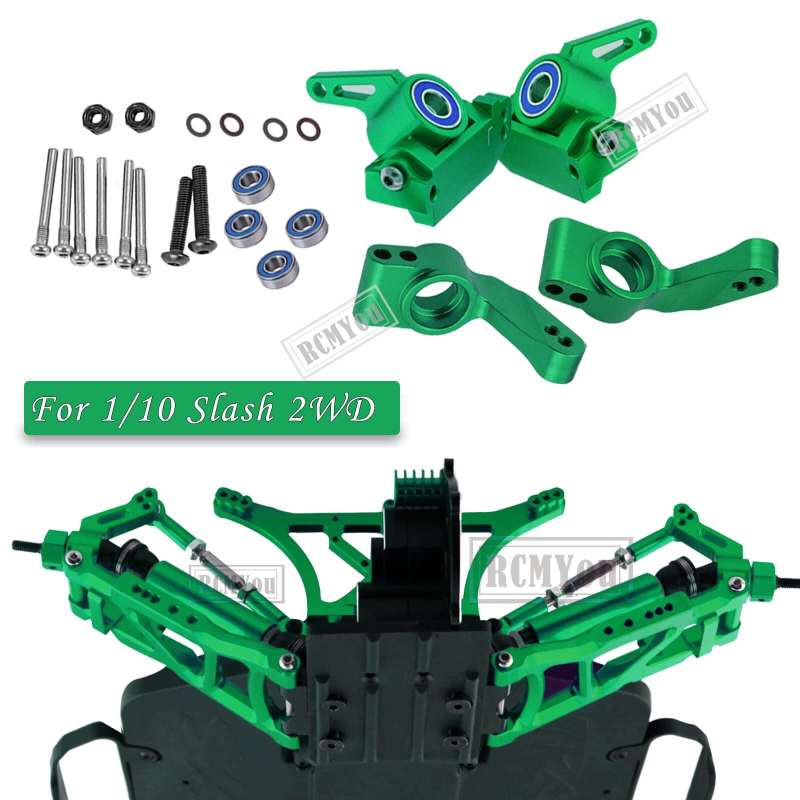 RCMYou Upgrades Part for 1/10 Slash 2WD,Aluminum Front Rear Suspension Arm,Shock Tower,Caster Block,Steering Blocks,Rear Stub Axle Carriers,Steering Block,Front Bulkhead Upgrades Set,Green