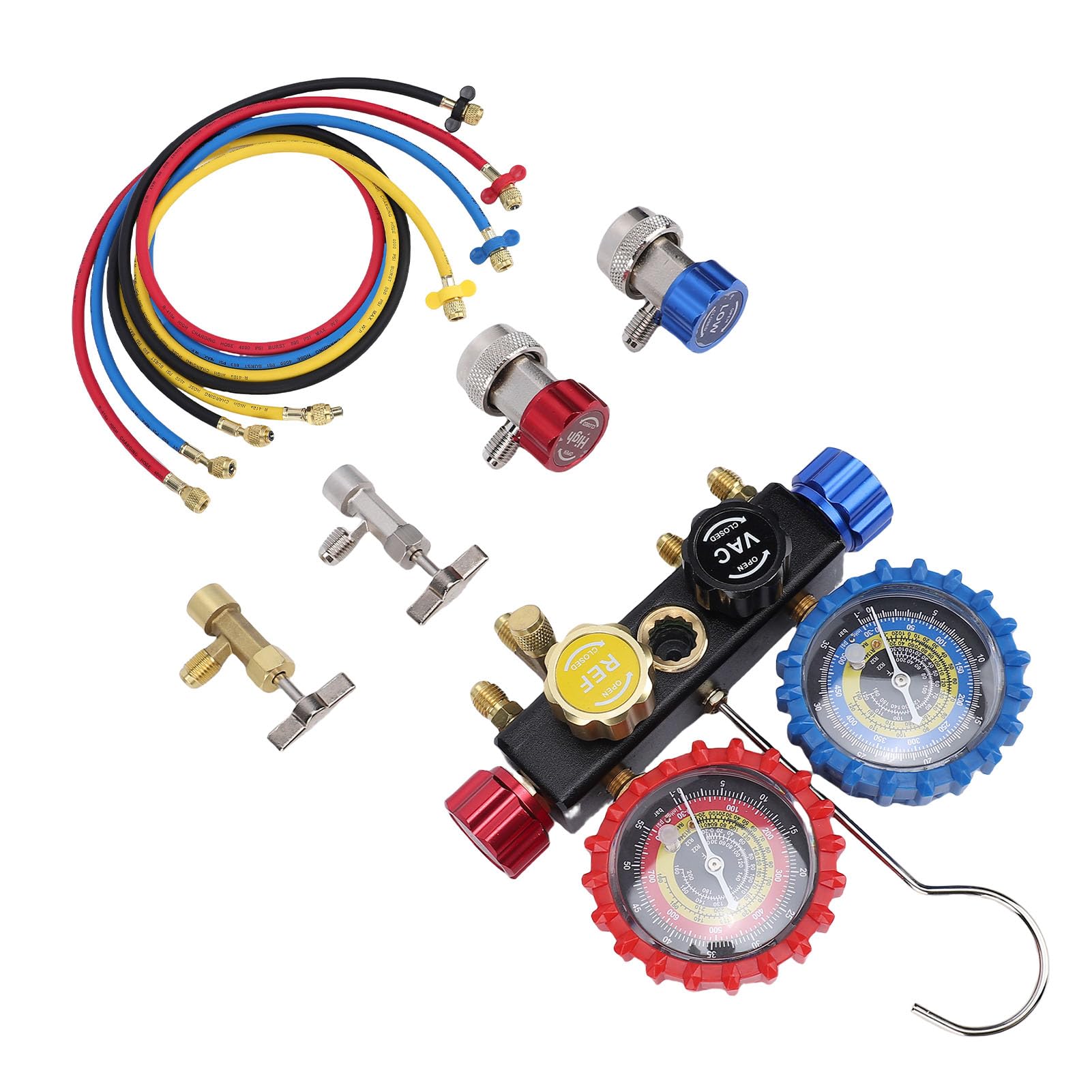 Juego de Manómetro de Colector de CA para Automóvil, Kit de Manómetro HVAC de Latón con Válvula de Seguridad de Medidor de Flujo, Adaptadores de Mangueras de 5 Pies, Reemplazo para