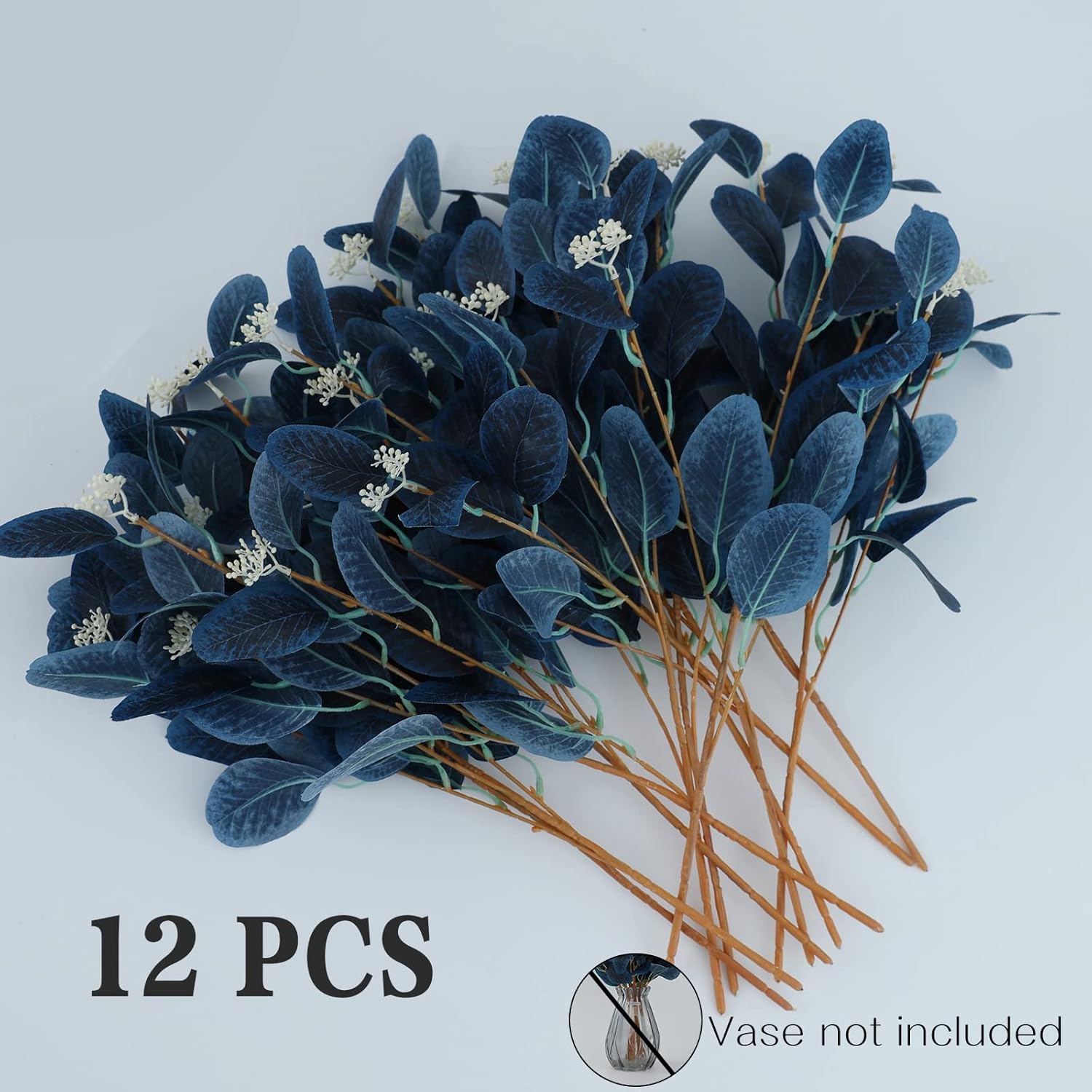 12Pcs Artificial Eucalyptus Stems, 20" Faux Silk Leaves with Beige Berries Navy Blue Bendable Greenery Branches for Boho Home Decor, Wedding Centerpieces, and DIY Flower Arrangements