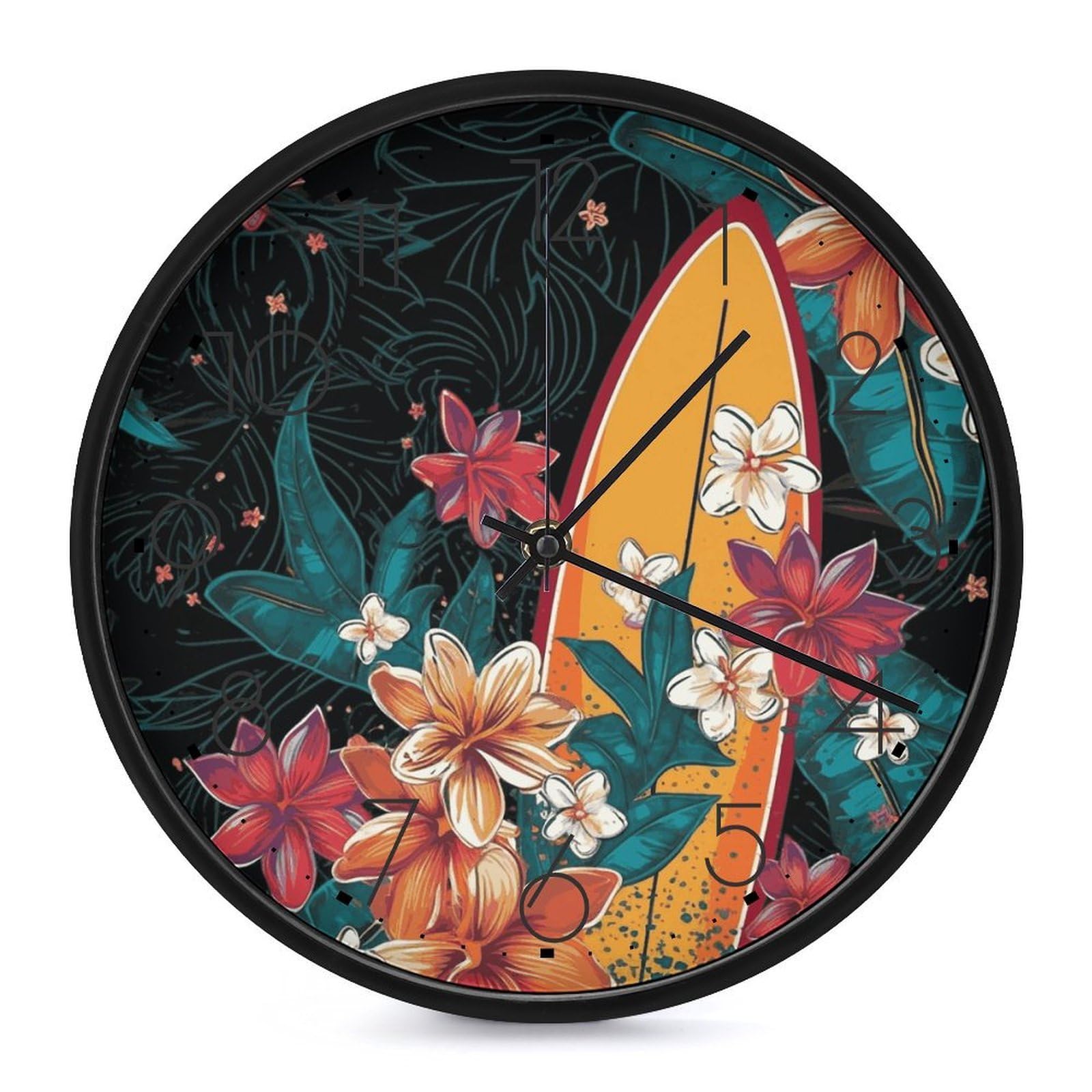 DWVTSLH Surfboard and Flowers Wall Clock 10 Inch Silent Non-Ticking Modern Clocks Battery Operated - Decorative Wall Clocks for Bedroom Living Room Kitchen Office Wall Decor Gift Idea