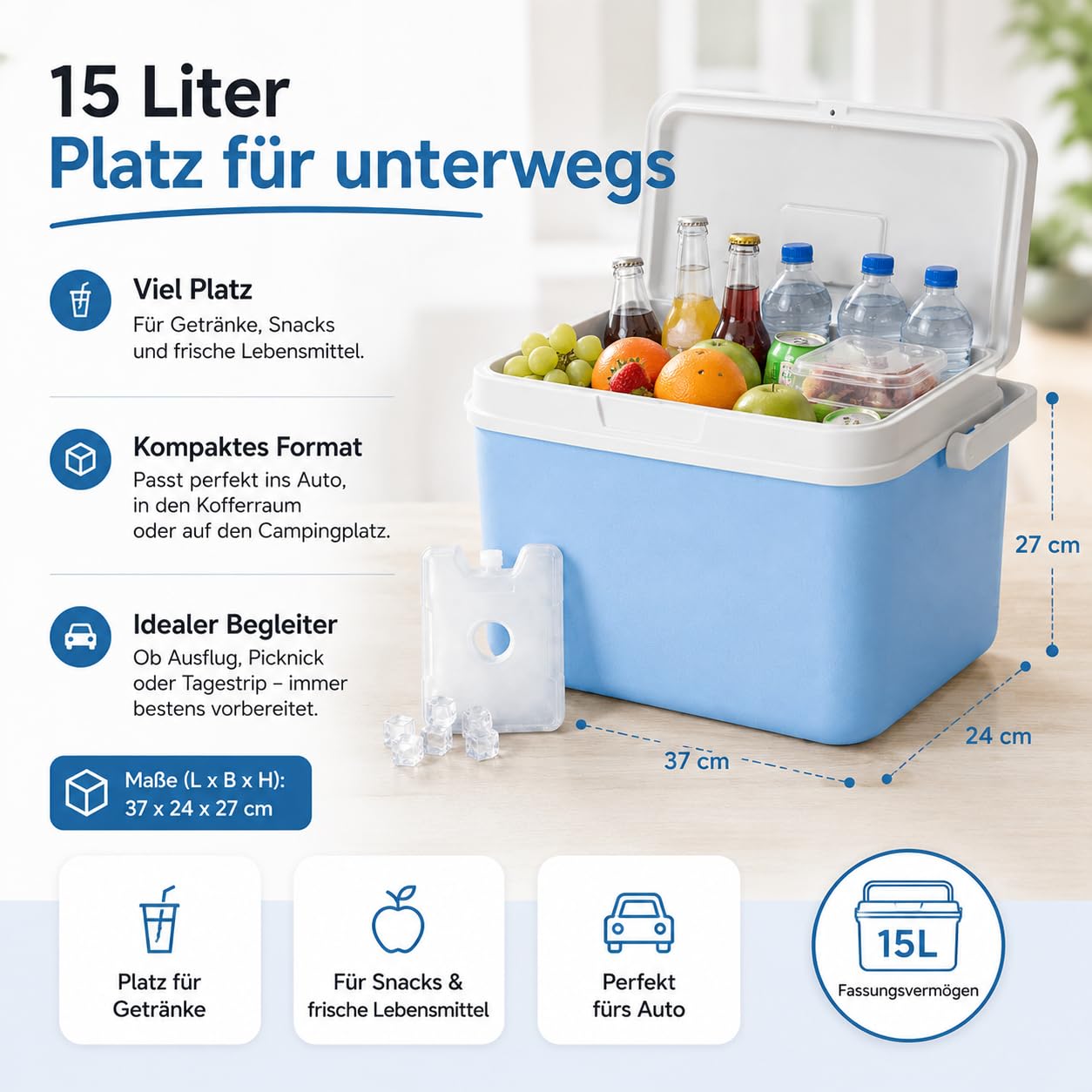 15 Liter Kühlbox mit Kühlelement & Kühlakku– Thermobox für extra Lange Kühlung, ideal als Kühltasche