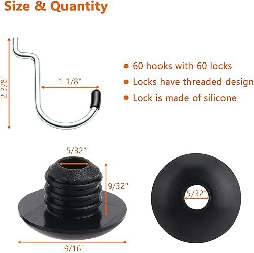 Miniatura 4 de 60 ganchos en J para tablero de clavijas con 60 cerraduras de gancho para tablero de clavijas, no se caen, para colgar joyas, herramientas