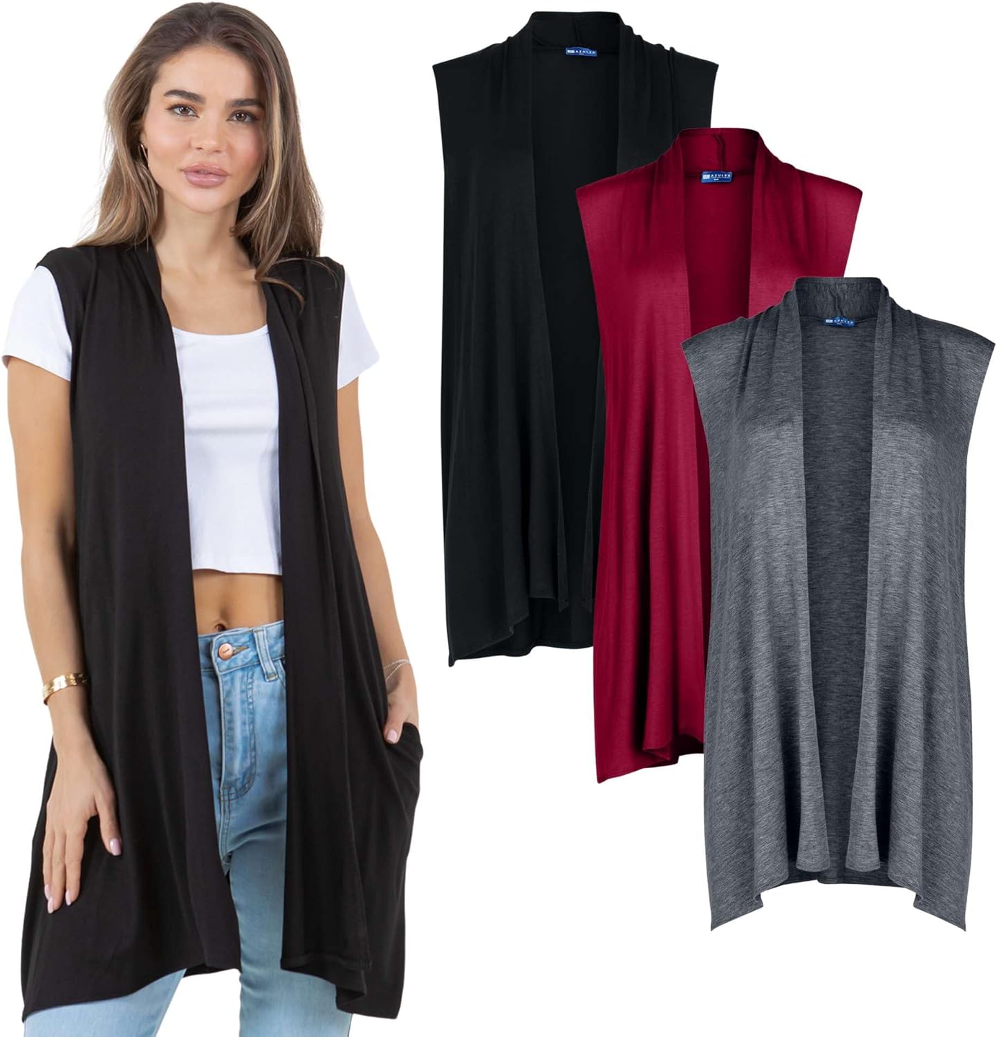 Azules 3 Pack Sleeveless Long Cardigan for Women with Pockets – Lightweight Open Front, Flowy Dressy Layer Casual Wear