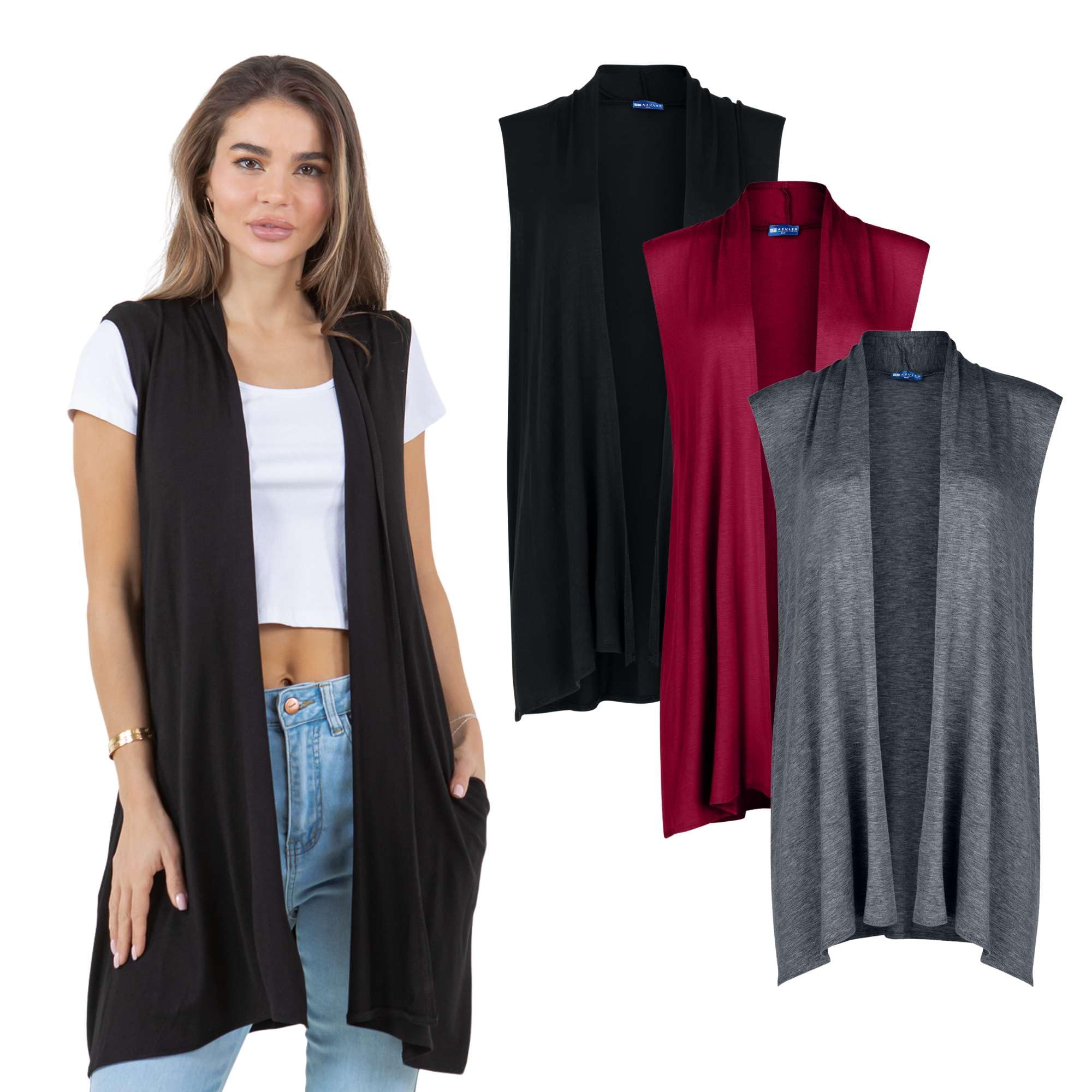 Azules 3 Pack Sleeveless Long Cardigan for Women with Pockets Lightweight Open Front Flowy Dressy Layer for Casual