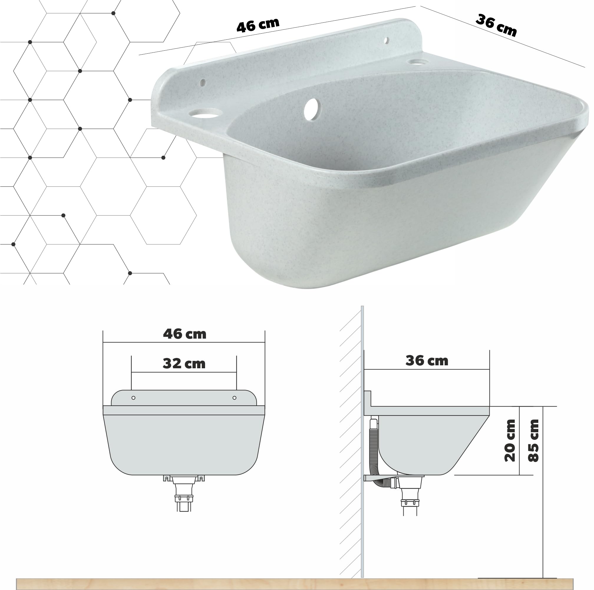 GOSPO Fregadero con grifo extensible, dispensador de jabón, sifón, lavabo, 46 x 36 x 20 cm, para garaje, sótano, lavabo, lavabo de pared, en placa, fregadero, incluye accesorios (blanco)