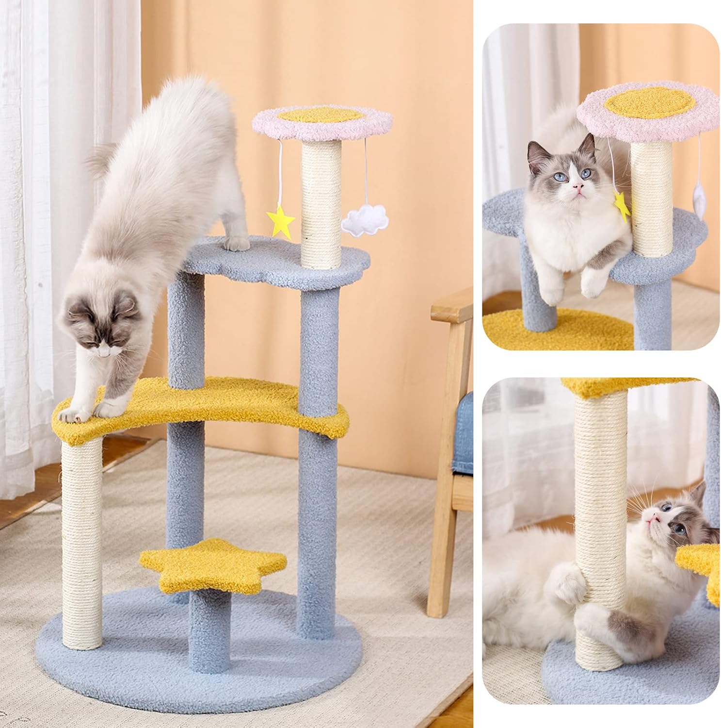 Lucky Monet Blue Cat Tree Small 32 Inches Cute Kitten Tree Tower Moon Star Cat Tree Cat Stand Scratching Posts for Indoor Cats