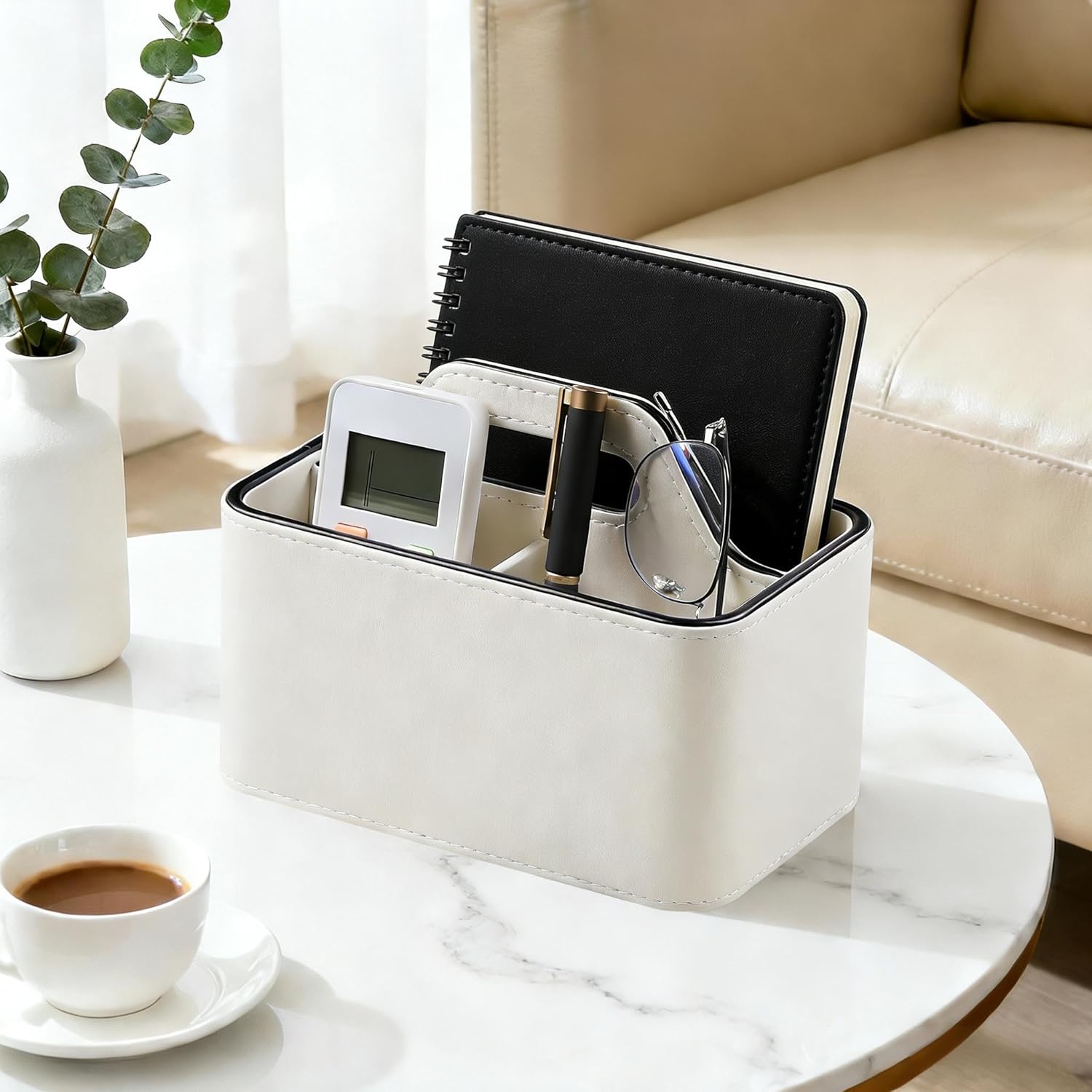 Caddy Organizer with Handle, PU Leather Remote Control Holder Desk Caddy, Portable Makeup Remote Organizer for Table, Nightstand, Office (Cream)