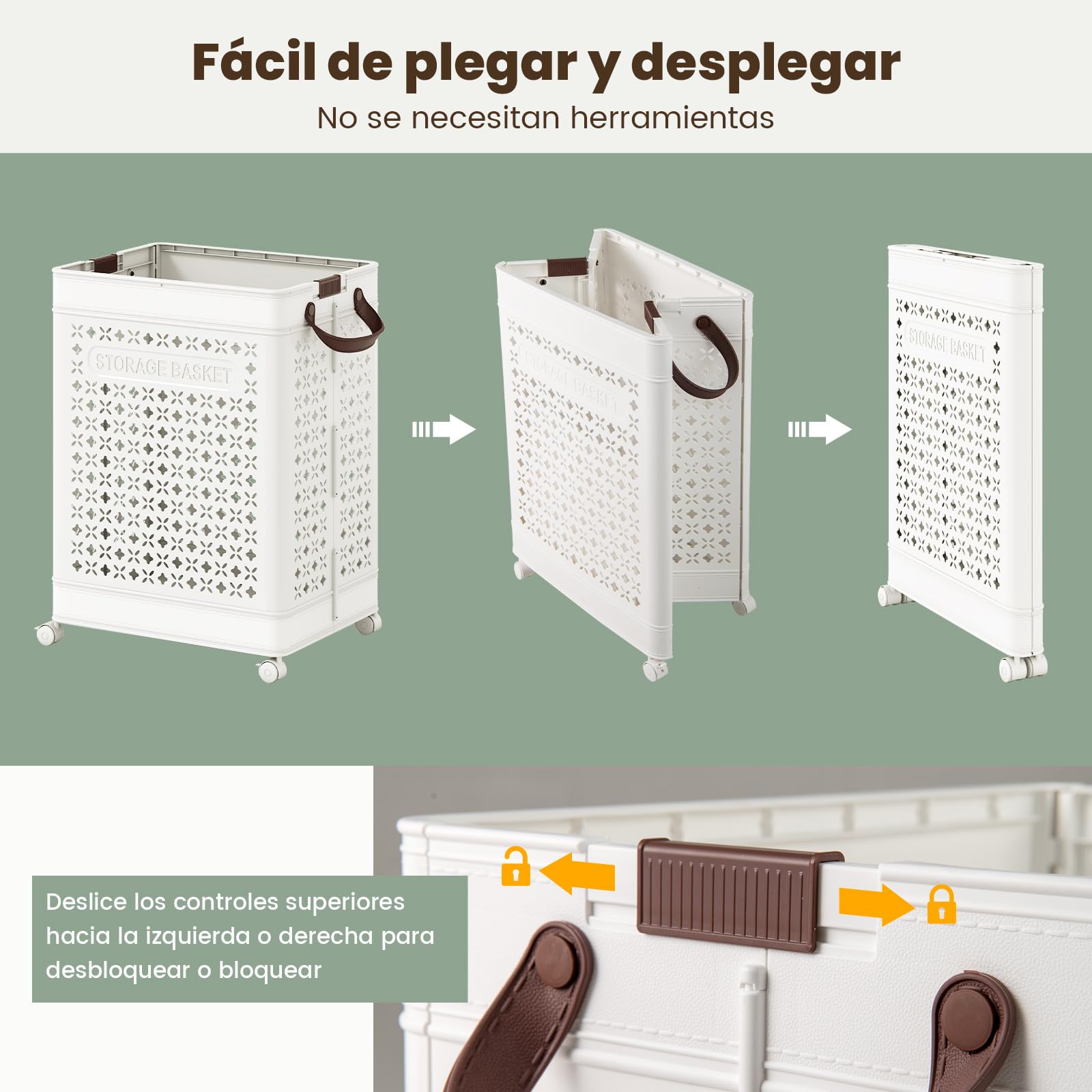 COSTWAY Cesta para Ropa Sucia Plegable 75 L, Cesto de La Colada, Cubo de Almacenamiento de Plástico con Asas y Estuche Pequeño Plegable, Cesto Popa Sucia con Ruedas, Blanco