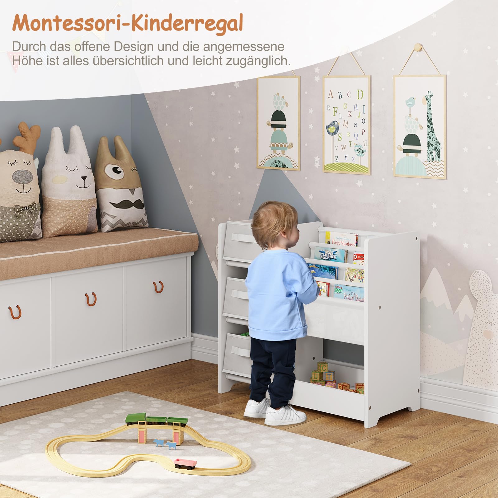Lestarain Kinderzimmerregal, Spielzeug-Organizer, Regal für Kinderzimmer Spielzimmer, mit 3 Aufbewahrungsboxen 4 Hängefächern 1 Fach, aus Massivholz MDF, Weiß, 65x60x30 cm (BxHxT)