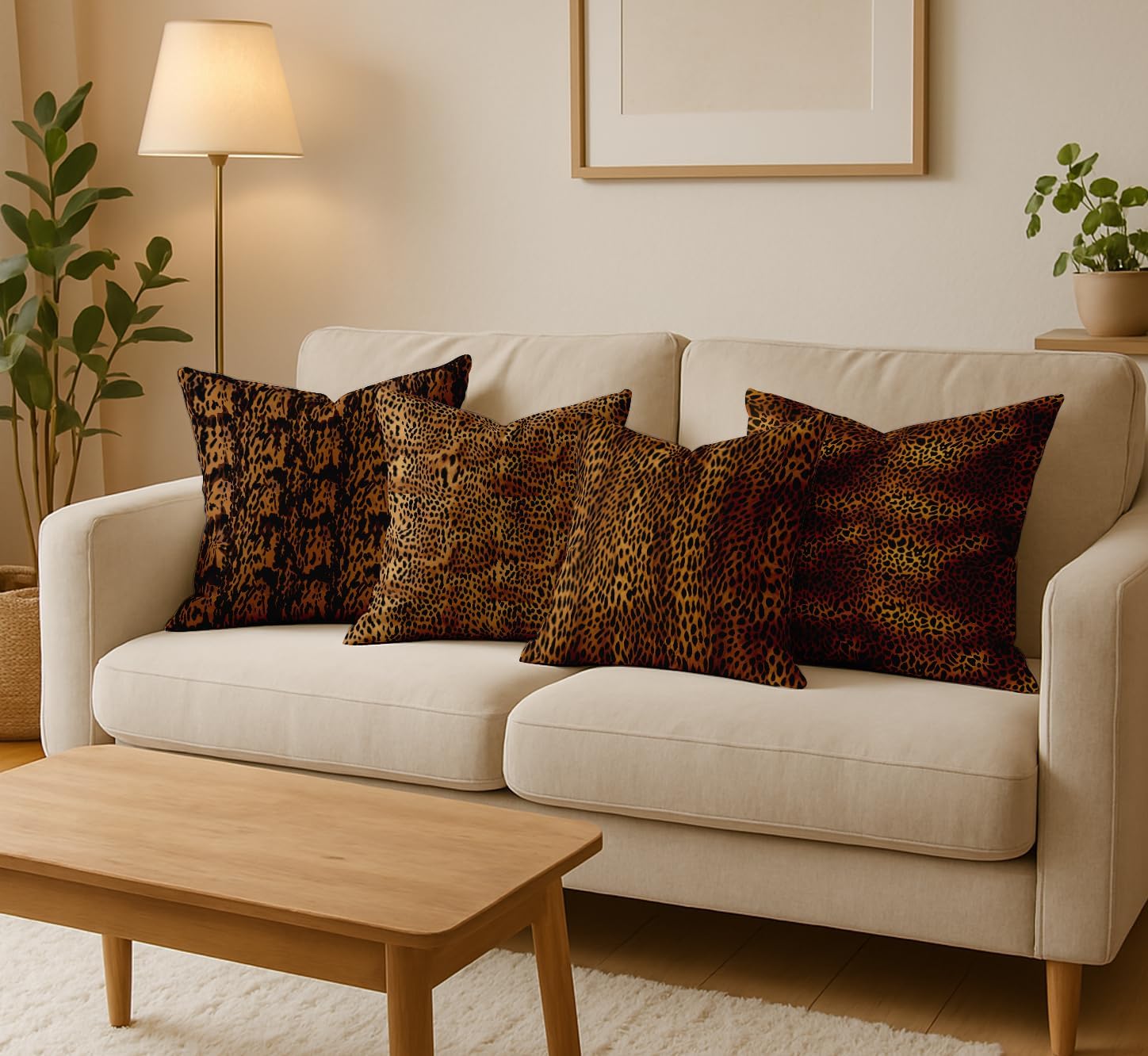 Animal Skin Design, Decorative Cushion Covers Set of 4-16x16 Inch, 100% Cotton, Printed on Both Sides, Hidden Zipper, Brown
