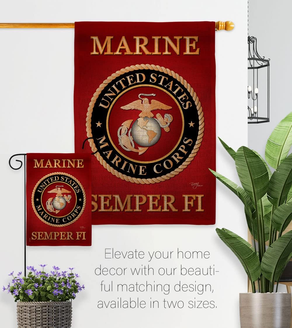 Marine Corps Burlap Garden Flag - Set with Stand Armed Forces USMC Semper Fi United State American Military Veteran Retire Official - House Banner Small Yard Gift Double-Sided Made In USA , Garden Flag 13"x 18.5"