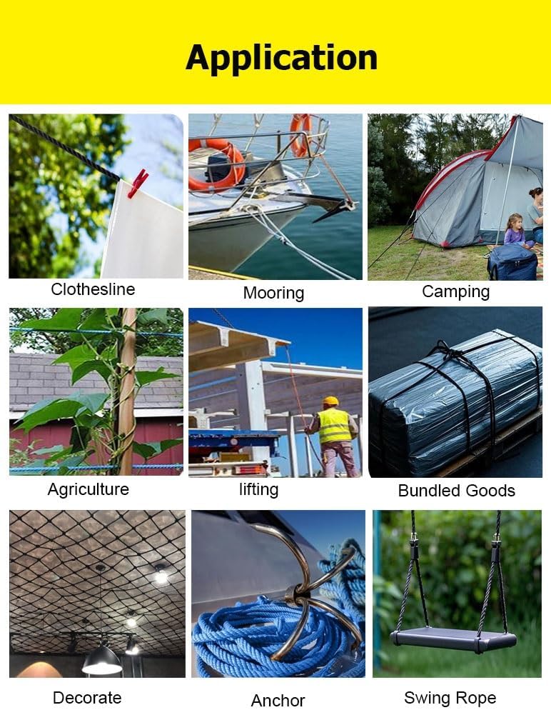 Arborist Rope, 3/16" 1/4" 5/16" 3/8" 1/2" 3/4" Polypropylene Rope for Outdoor Camping Fishing Hiking Swing Tree Work Sailing Anchor Mooring Tug-of-war Bundling(1/4" x164')