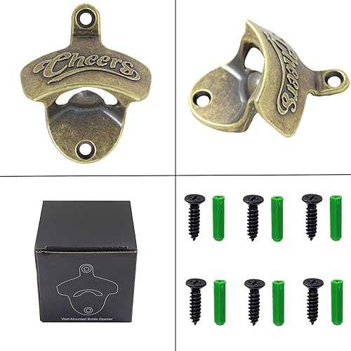 Miniatura 4 de Old Style Cheers - Abridor de botellas montado en la pared, abridor de tapas de cerveza, abridor de botellas de bronce antiguo (paquete de 6)