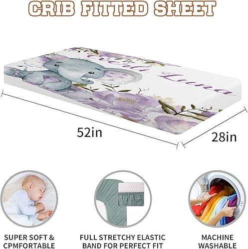Miniatura 5 de KAINSY Sábanas para cuna con nombre personalizado, ropa de cama de bebé de elefante morado para niños y niñas, sábanas bajeras plegables portátiles