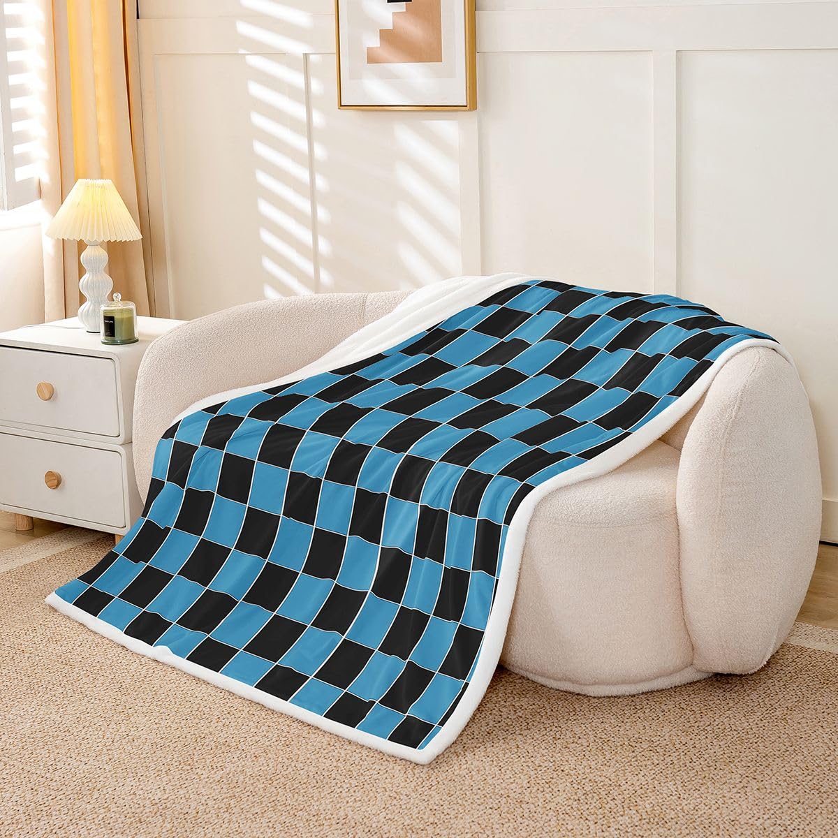 Erosebridal Plaid Sherpa Blanket Navy Blue Black Checkerboard Fuzzy Plush Throw Geometric Checkered Fleece Blanket for Kids Boys Girls,Aesthetic Grids Decor for Bed Couch Throw 50"x60"