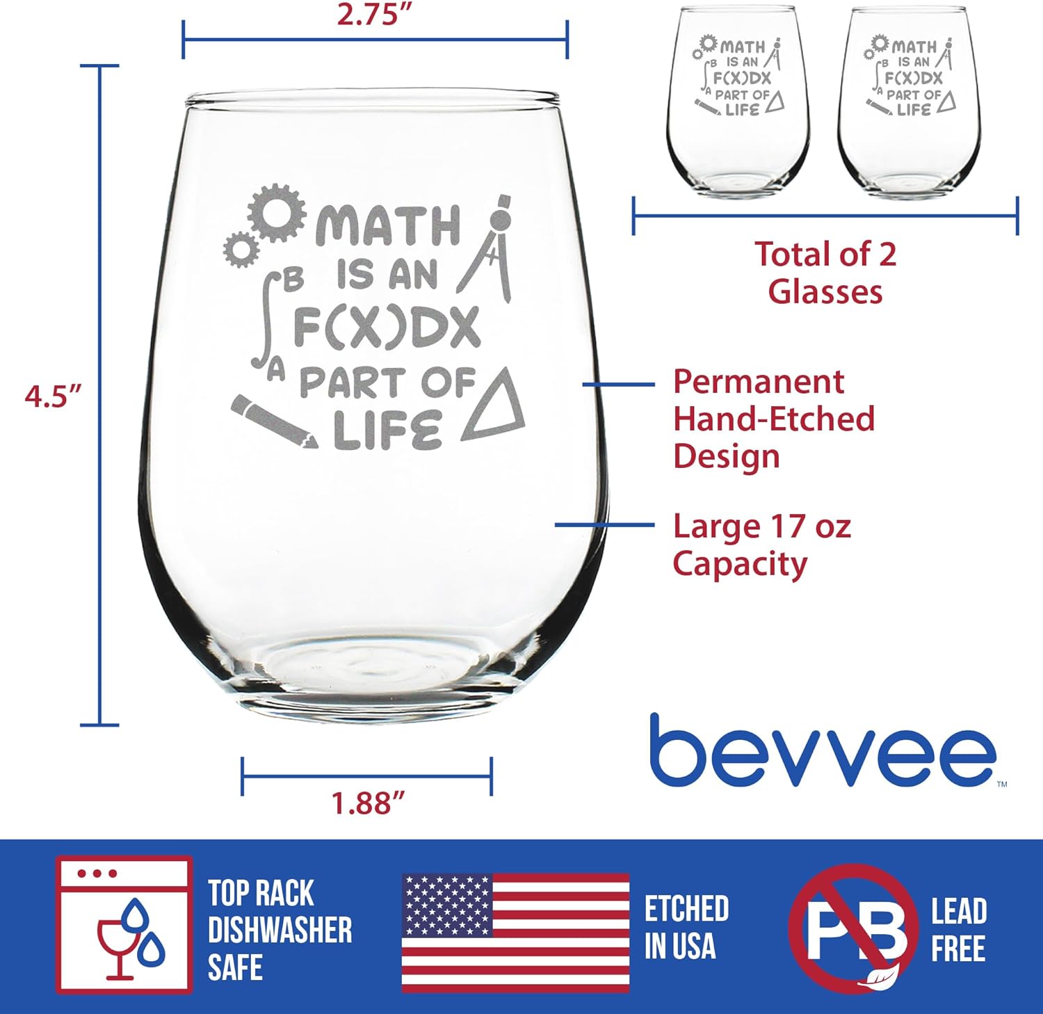 Bevvee Math is an Integral Part of Life – Stemless Wine Glass - Funny Math Nerd or Teacher Gifts for Women & Men - Set of 2 - Large