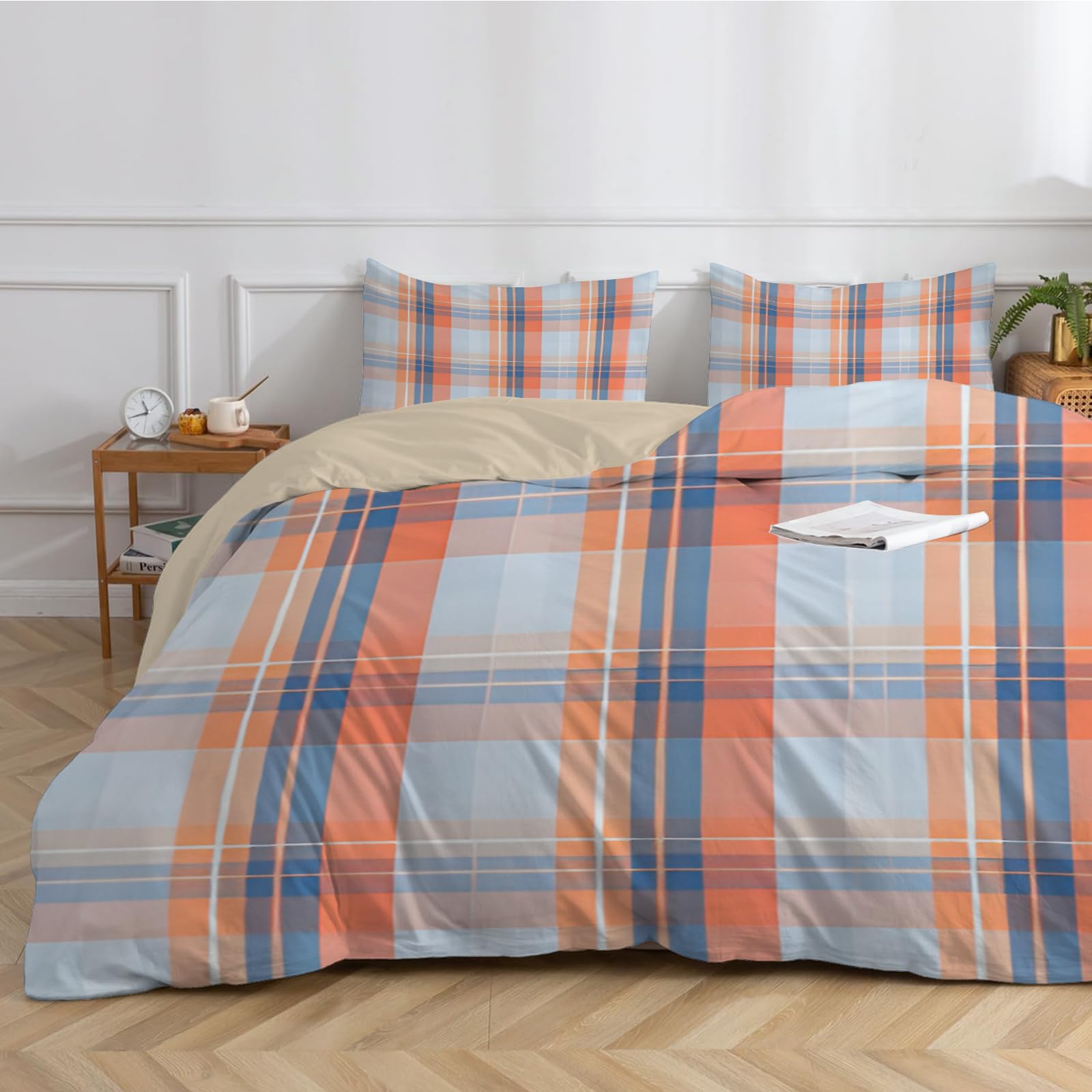 Dyausi Orange Blue Single Duvet Cover Set Tartan Check Reversible Lightweight Bedding Sets Ultra Soft Microfiber Bedding Bed Set With Zipper Closure & 2 Pillowcases - Single
