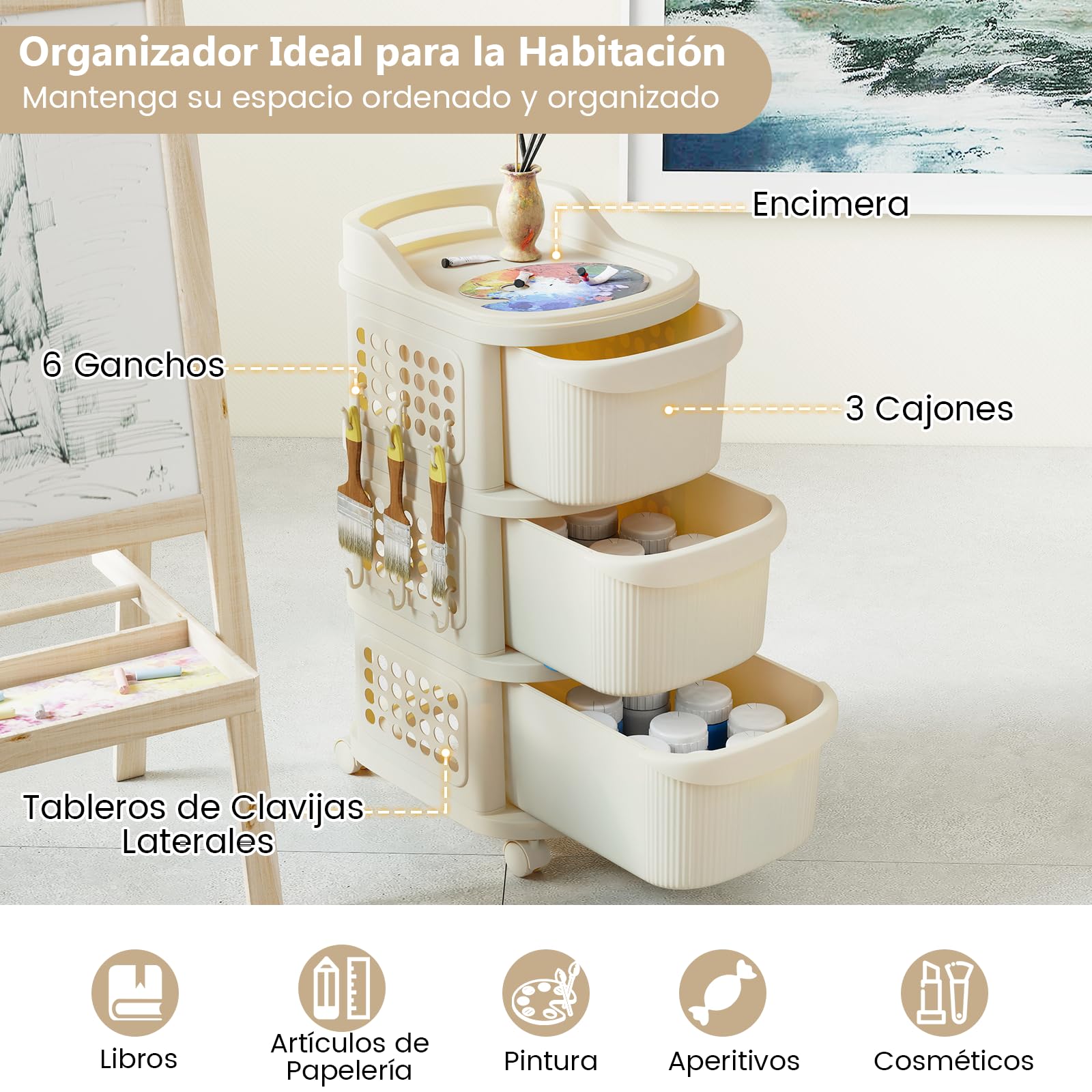 COSTWAY Carrito Auxiliar con Ruedas, 3 Cajones, Carro Almacenaje Estrecho con Ruedas y 6 Ganchos, Tablero Perforado y Asa, Carrito Organizador de Plástico para Cocina, Baño, 38x32x68 cm, Blanco Crema
