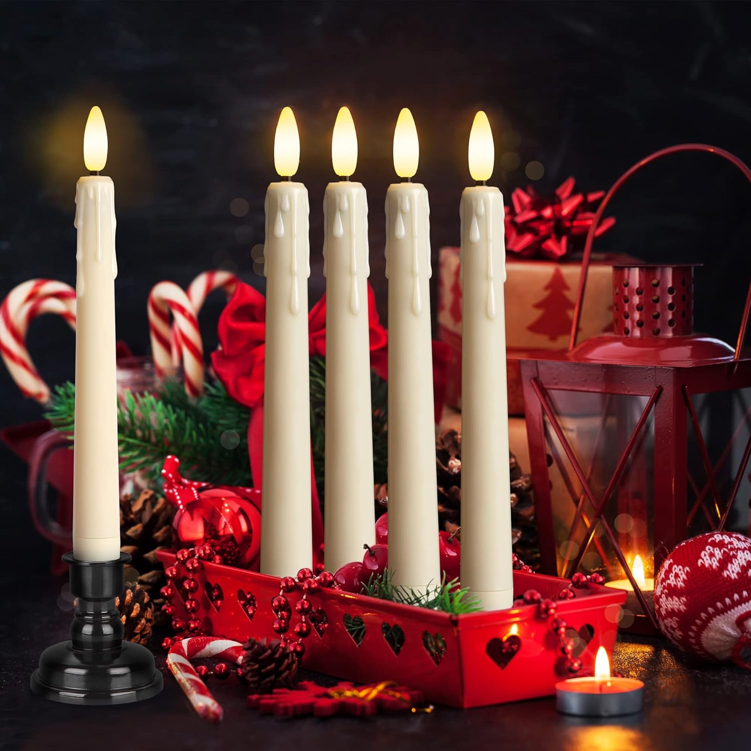 yunsheng Battery Operated LED Window Candles with Remote Timer, 8 Inches Ivory Flameless Taper Flickering Candles, Removable Black Candlesticks and Suction Cups, Holiday, Home Decor, 4 Pack