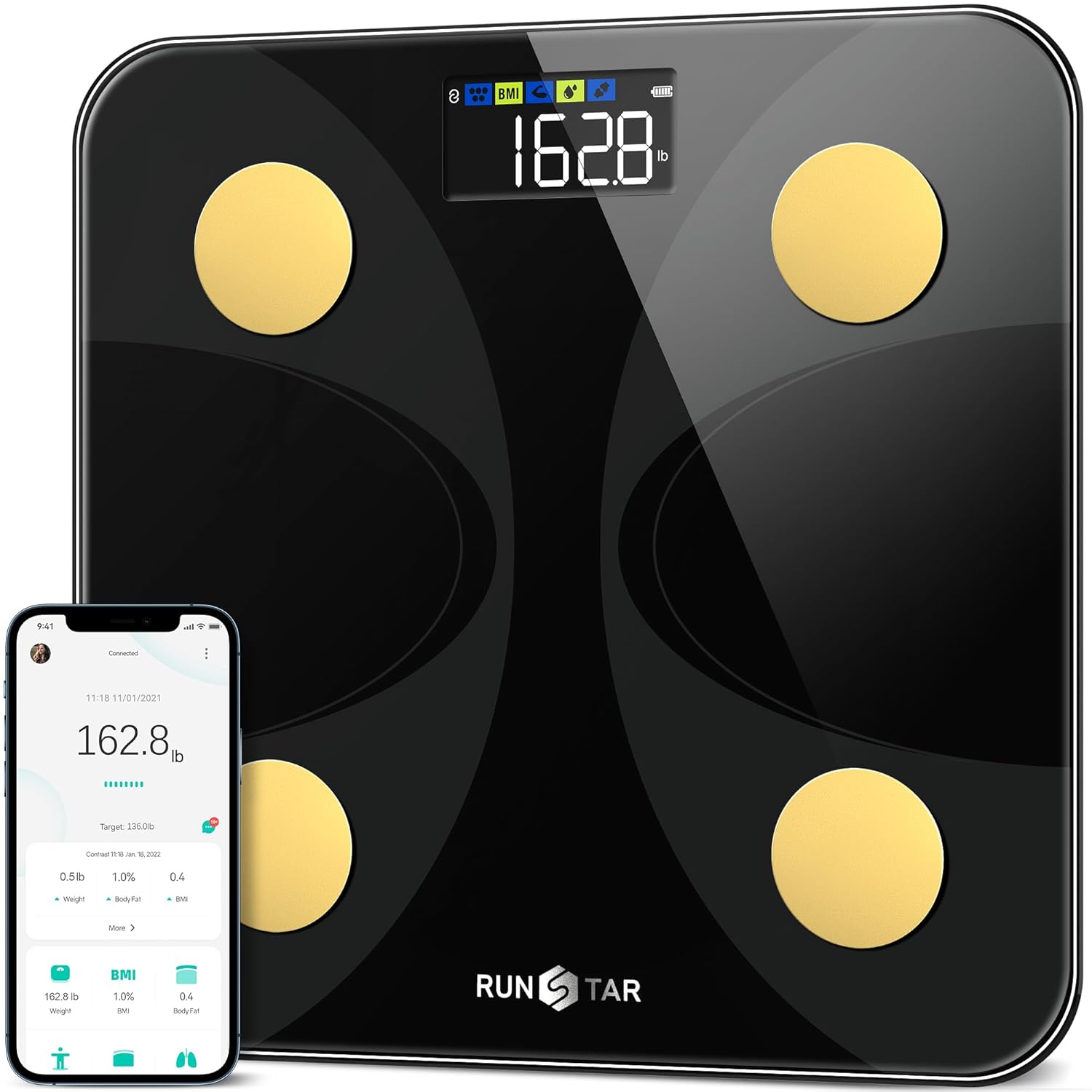 Scale for Body Weight and Fat Percentage, RunSTAR Digital Accurate Bathroom Smart Scale with Large Display, FSA&HSA Eligible 13 Body Composition Analyzer Sync App, Black Gold Scale for Body Weight and Fat Percentage, RunSTAR Digital Accurate Bathroom Smart Scale with Large Display, FSA&HSA Eligible 13 Body Composition Analyzer Sync App, Black Gold