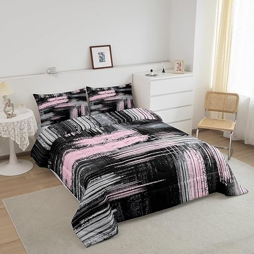 Miniatura 2 de Feelyou Juego de edredón abstracto rosa y negro tamaño Queen, juego de edredón geométrico artístico con graffiti abstracto, juego de ropa de cama