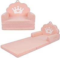 PIIKAGO 2-in-1 Kids Couch Fold Out Toddler Sofa with Crown, Soft Teddy Sherpa Convertible to Lounger, Pink Boys Girls Playroom Furniture