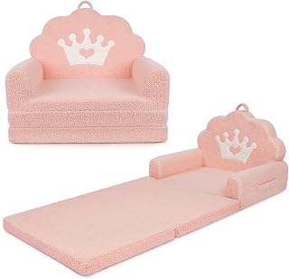 PIIKAGO 2-in-1 Kids Couch Fold Out Toddler Sofa with Crown, Soft Teddy Sherpa Convertible to Lounger, Pink Boys Girls Playroom Furniture