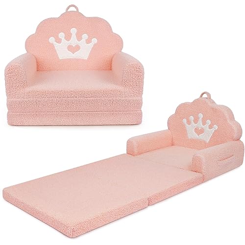PIIKAGO 2-in-1 Kids Couch Fold Out, Soft Teddy Sherpa Toddler Couch with Crown Design, Convertible Kids Sofa to Lounger for Nap & Playtime, Cozy Children's Furniture for Boys & Girls, Pink