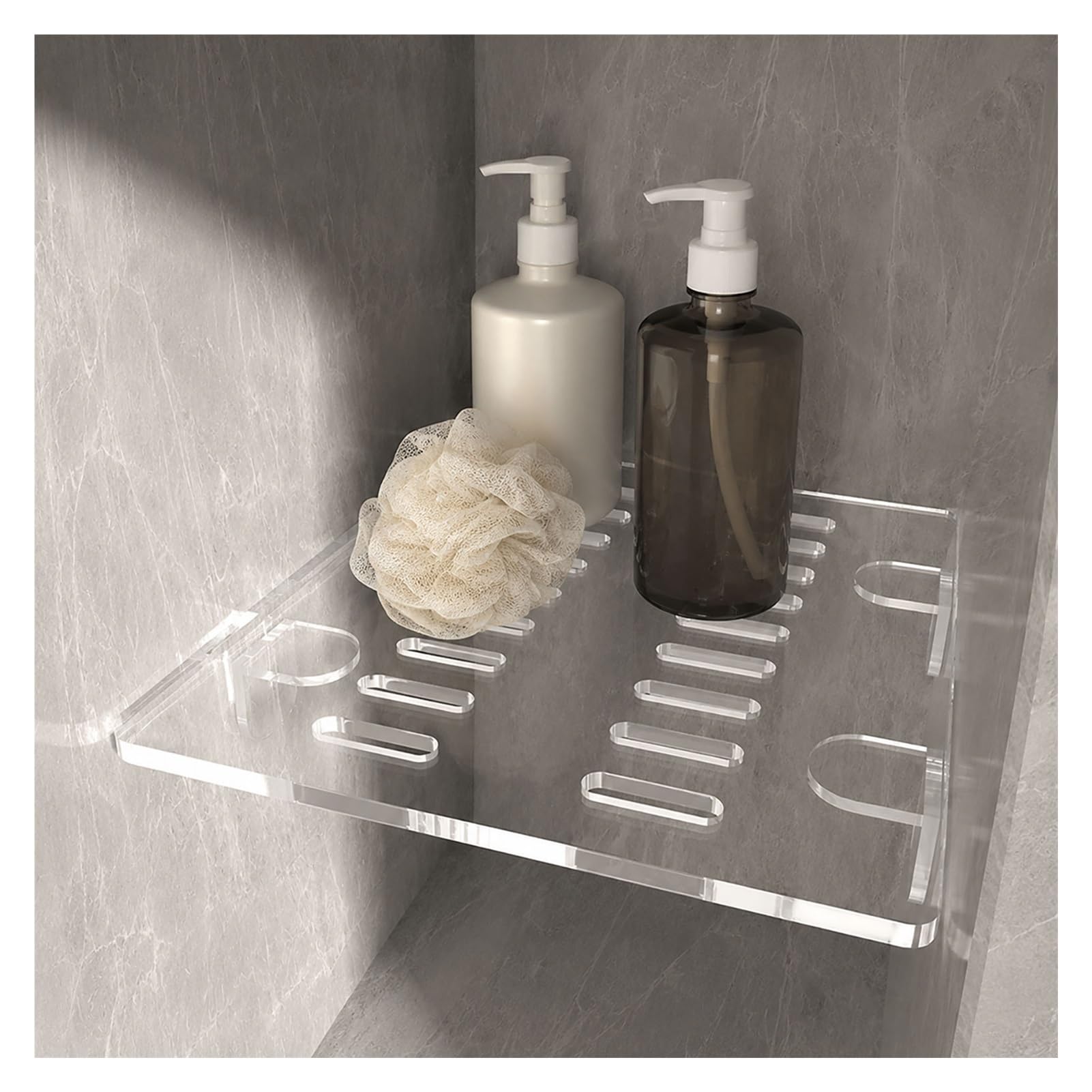 Mensola Doccia Acrilico Senza Forare, Nicchia, Trasparente & Nero, 5mm | Calzata Precisa, Carico 5KG, Fessure Scarico, Pads Adesivi 3mm, Installazione Senza Attrezzi(Clear,7.9x15.7in/20x40cm)