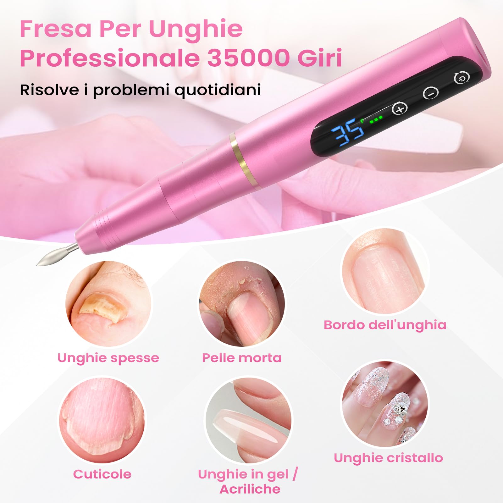 NAILGIRLS Fresa per Unghie Professionale 35000 Giri, Lima Elettrica per Unghie con Schermo LED, 11 in 1 Ricaricabile Frese per Unghie Portatile Trapano per Unghie Senza Fili Velocità Regolabile, Rose