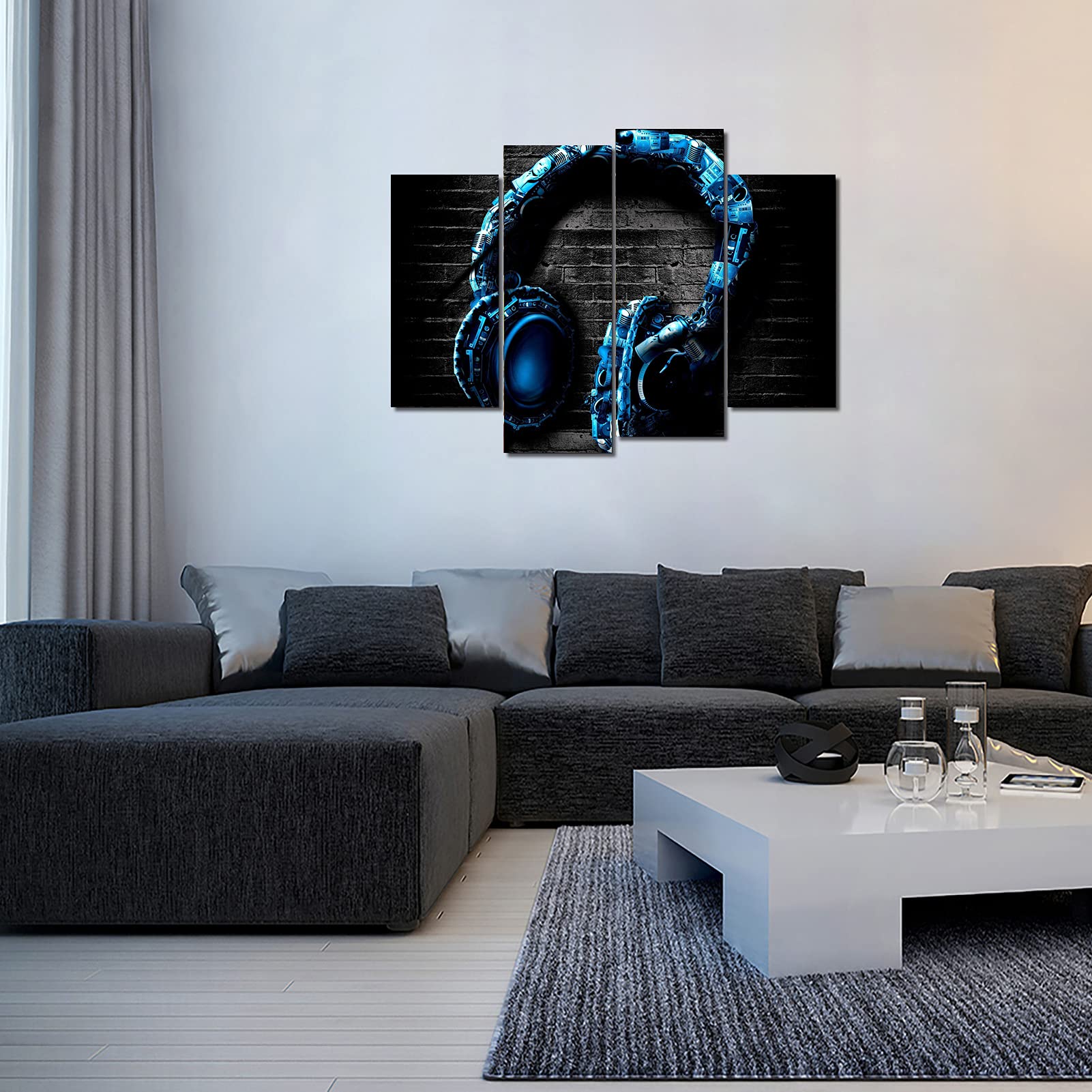 Music Wall Art Theme 4 Panels Artwork Cool Blue Abstract Black