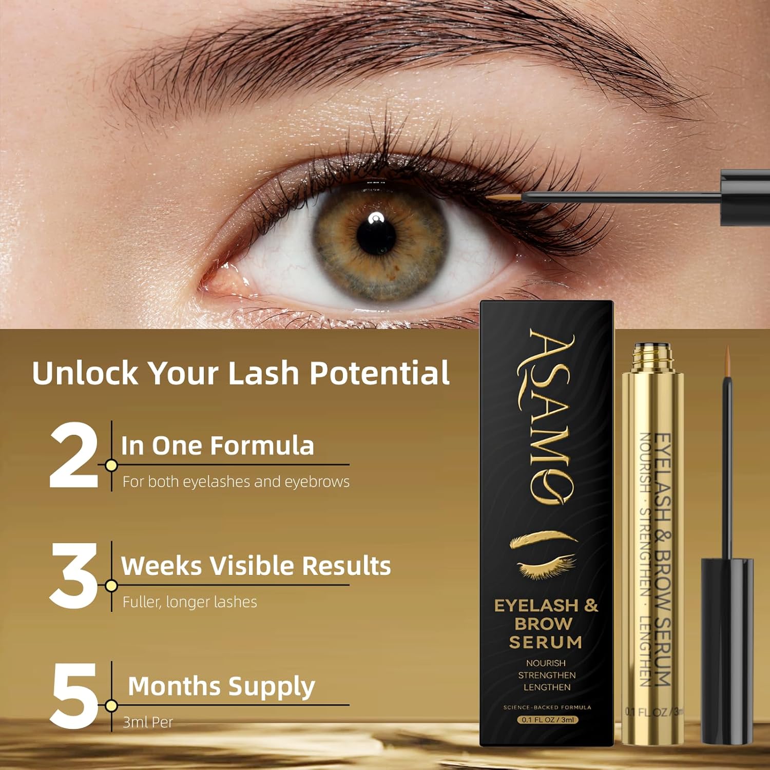 ASAMO Eyelash & Eyebrow Growth Serum - 2-in-1 Lash & Brow Enhancer for Longer, Thicker, Fuller Looking Lashes - Advanced Peptide Formula, Vegan & Cruelty-Free, Safe for Sensitive Eyes - 3ml - Image 2