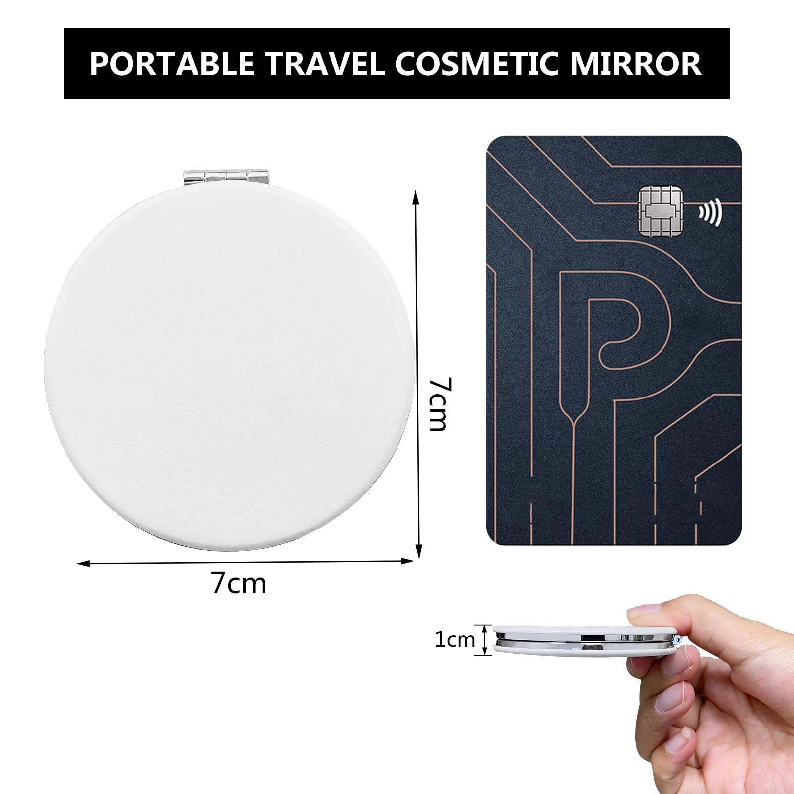 2 Pezzi Specchio Compatto de Borse PU,Mini Specchio Trucco Doppio Pieghevole per Viaggio,73MM/80MM (bianco)