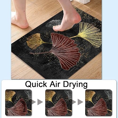 Miniatura 4 de Alfombra de baño, hojas de árbol dorado, antideslizante, de secado rápido, súper absorbente, delgada, para debajo de la puerta, fácil de limpiar,